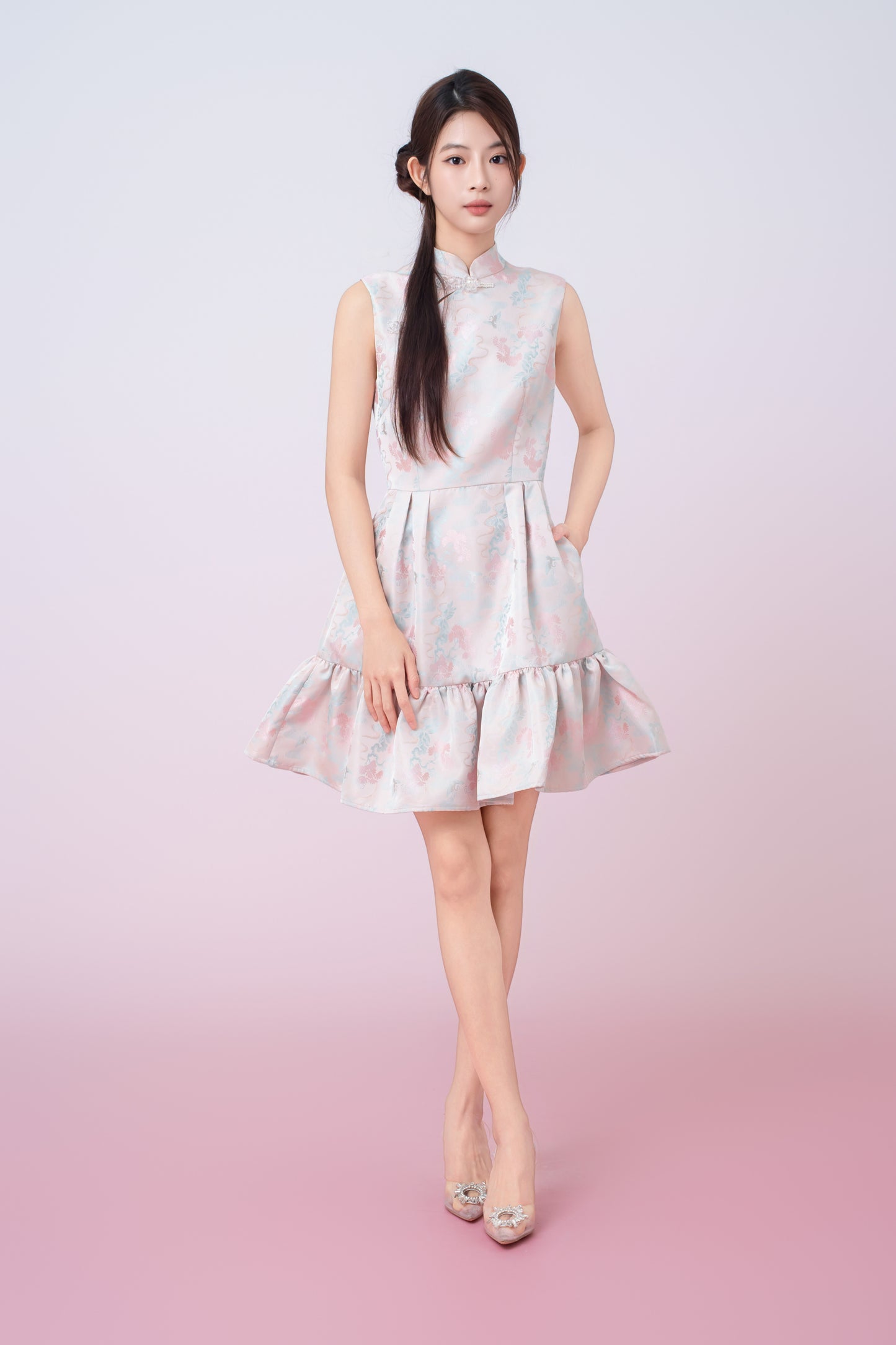 Karina Floral Print In Blush Pink Jacquard Cheongsam Dress