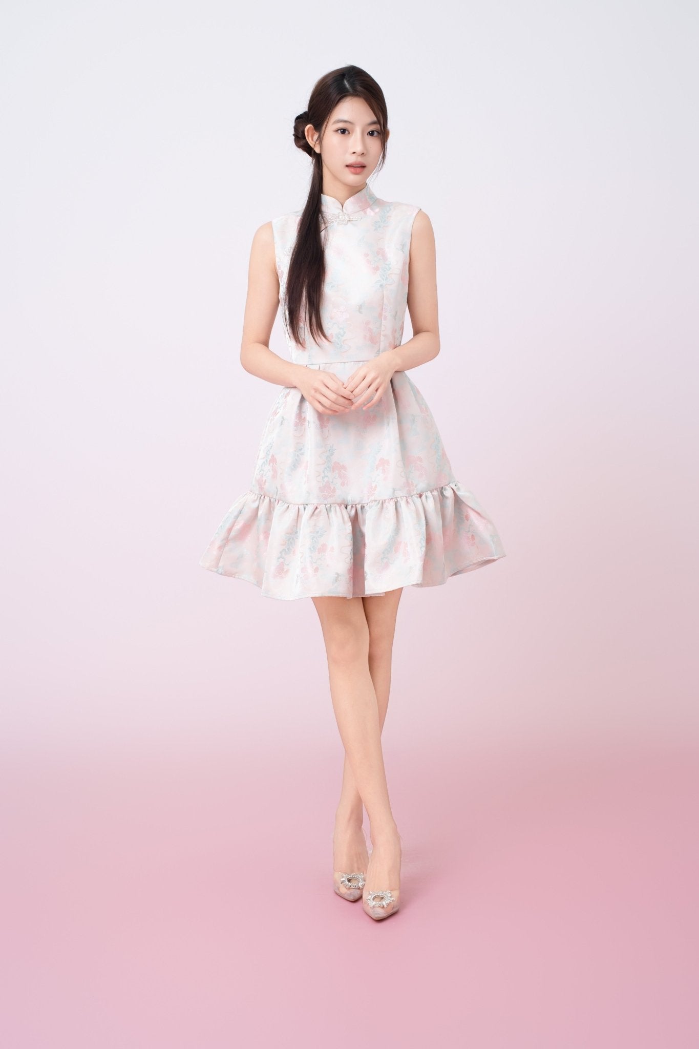 Karina Floral Print In Blush Pink Jacquard Cheongsam Dress - Nimisski