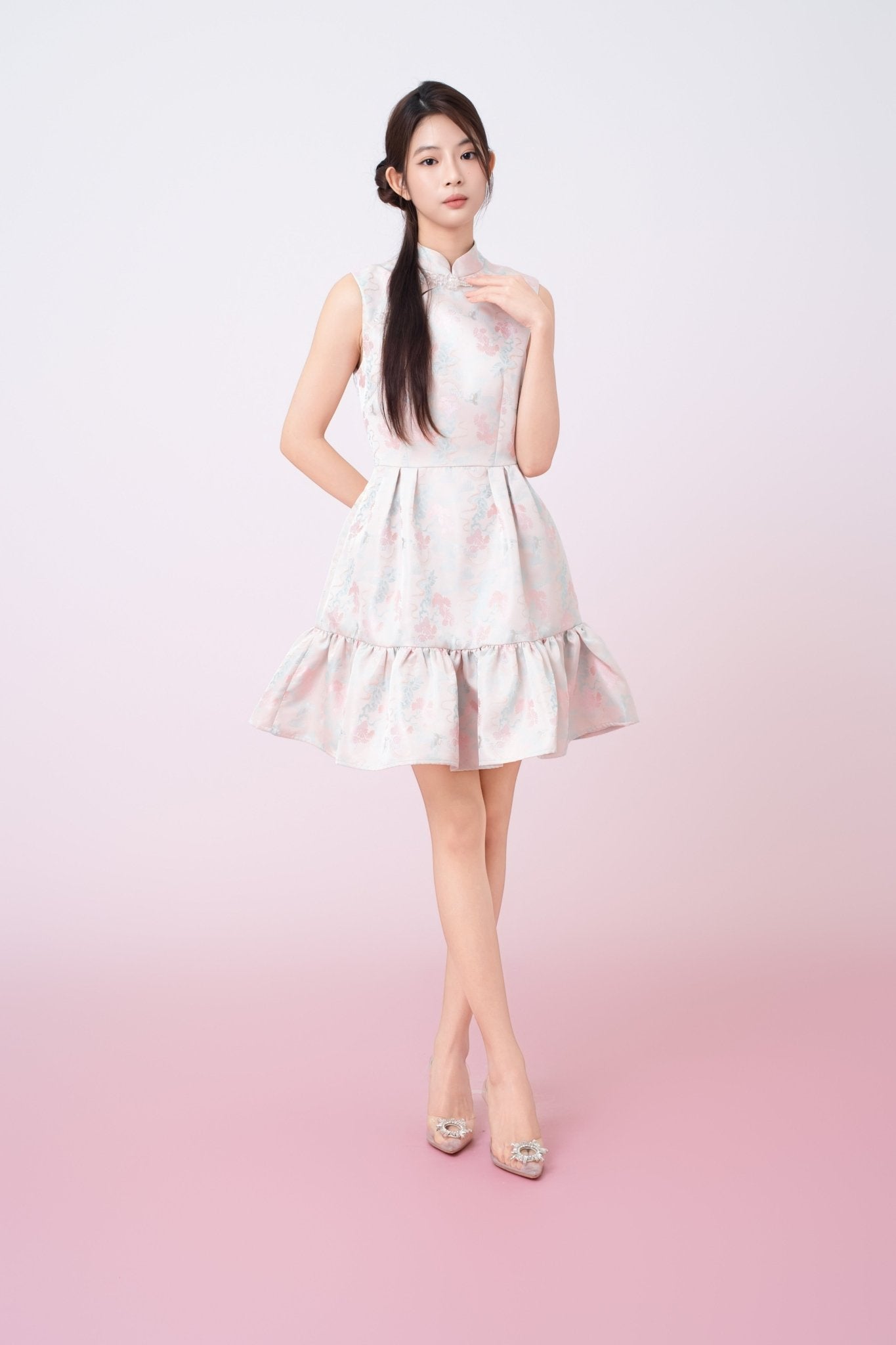 Karina Floral Print In Blush Pink Jacquard Cheongsam Dress - Nimisski