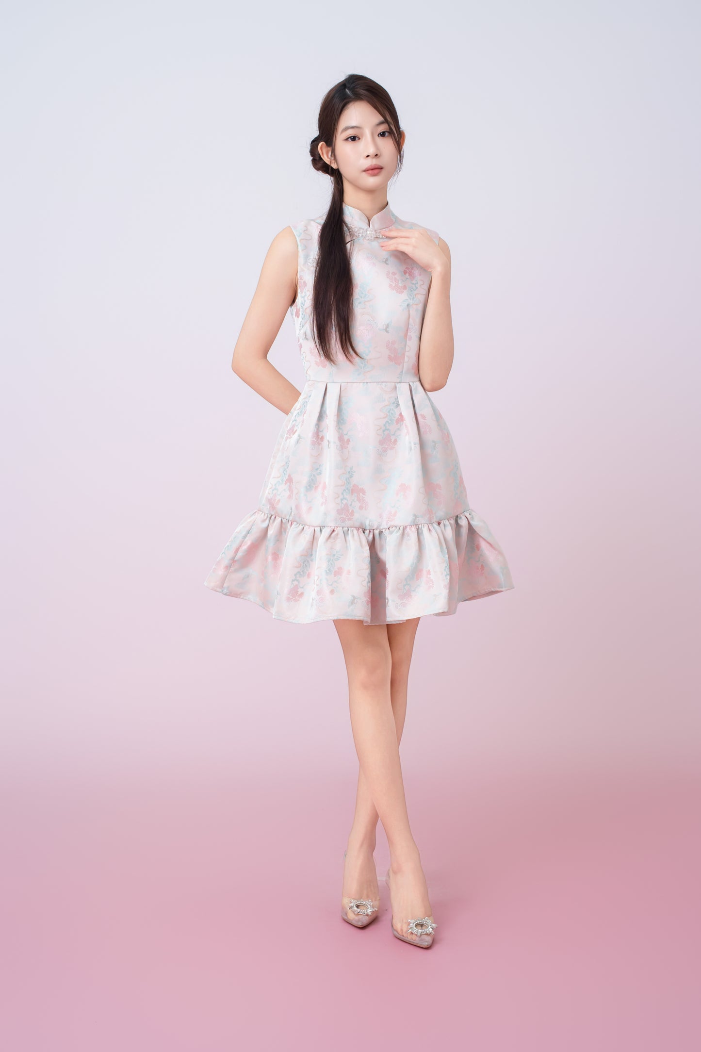 Karina Floral Print In Blush Pink Jacquard Cheongsam Dress
