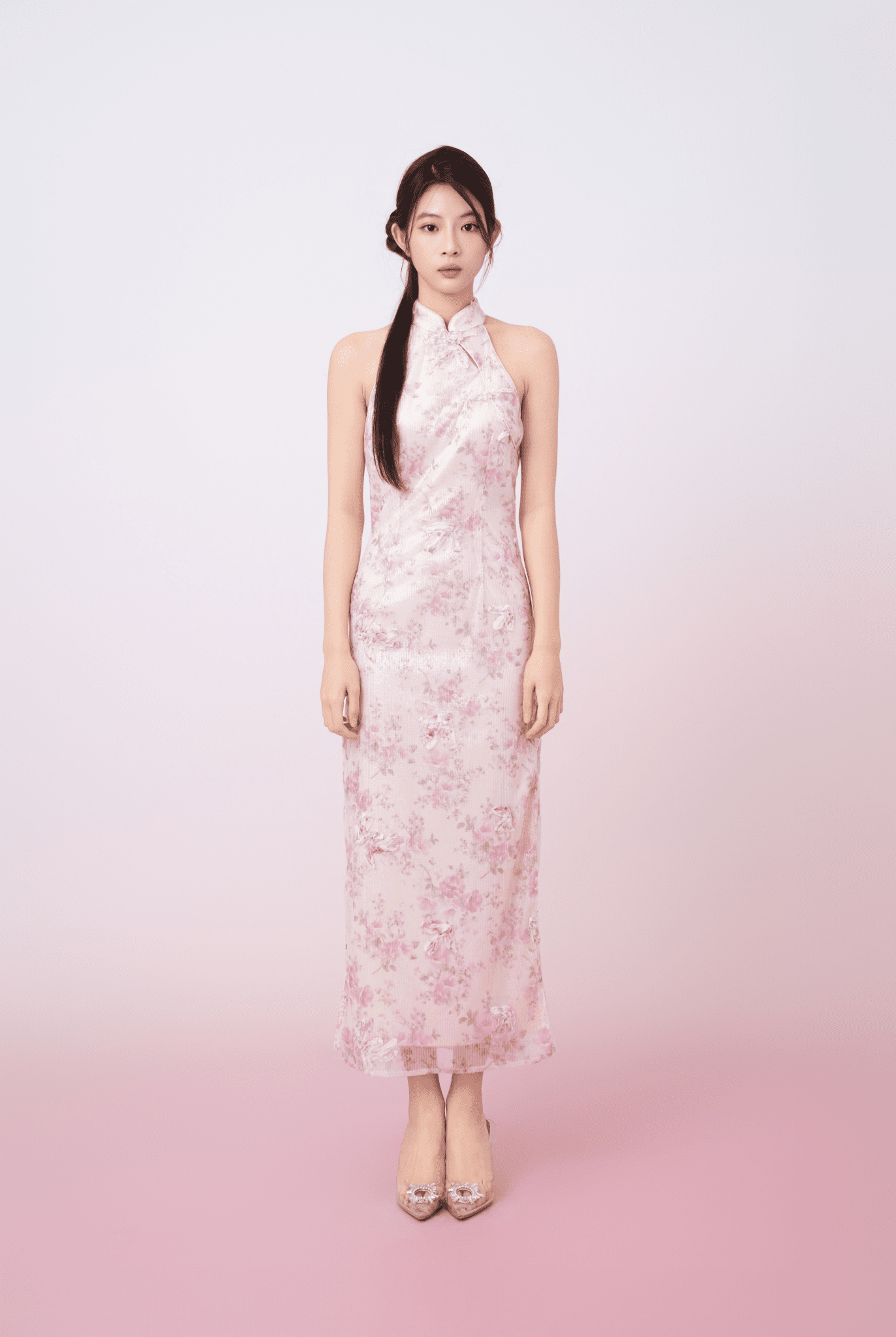 Kimora Cream Floral Sequined Halter Neck Cheongsam Dress - Nimisski