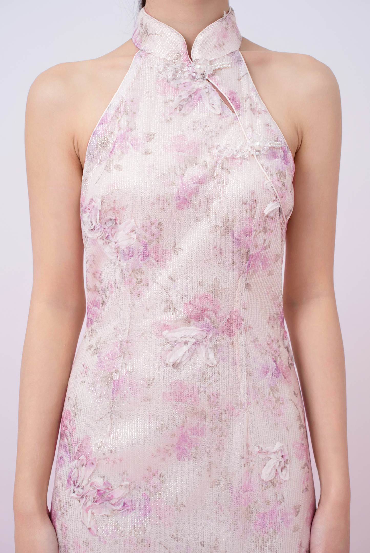 Kimora Cream Floral Sequined Halter Neck Cheongsam Dress