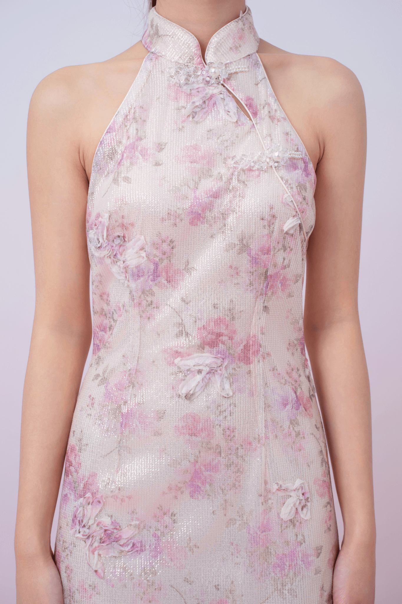 Kimora Cream Floral Sequined Halter Neck Cheongsam Dress - Nimisski