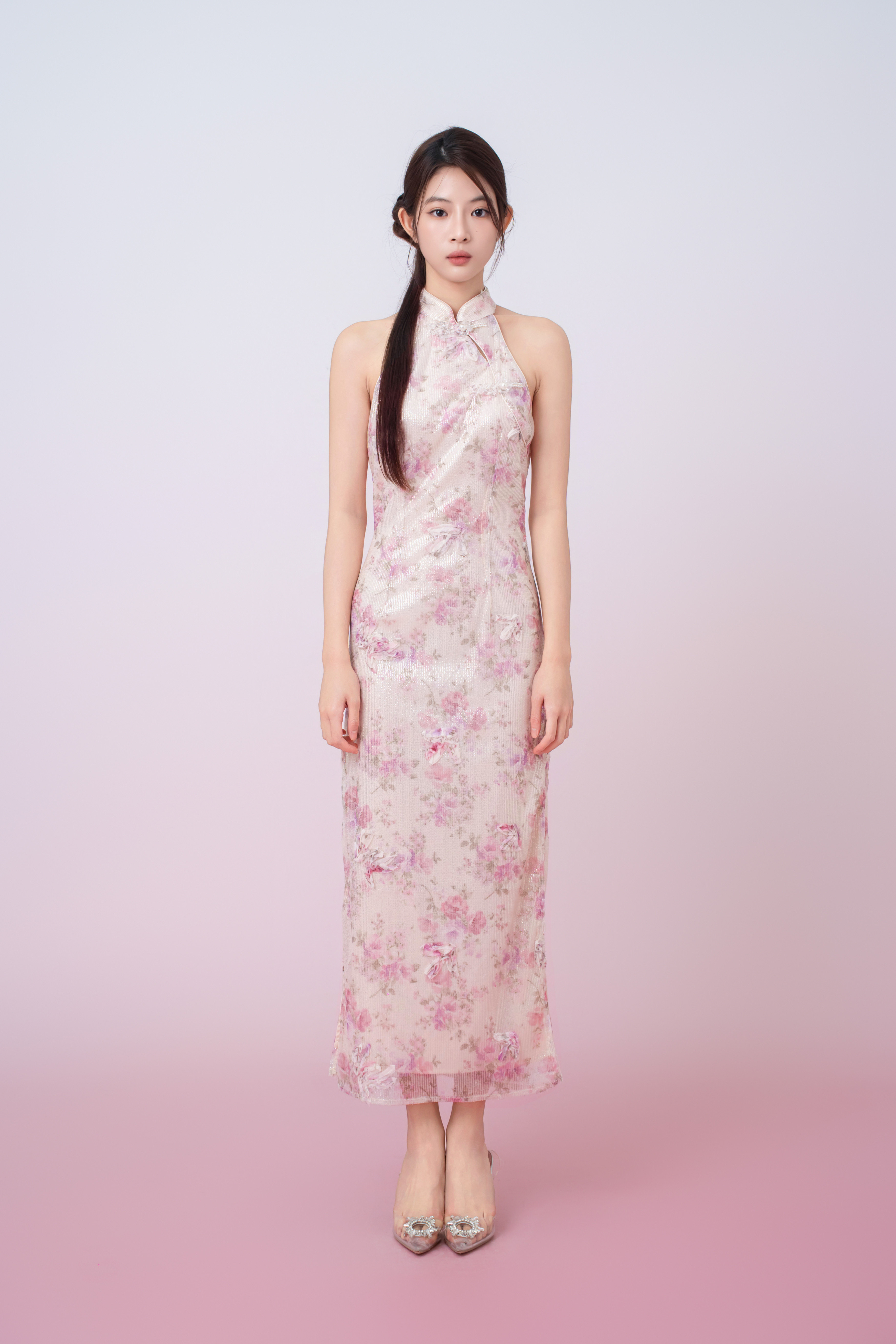 Kimora Cream Floral Sequined Halter Neck Cheongsam Dress