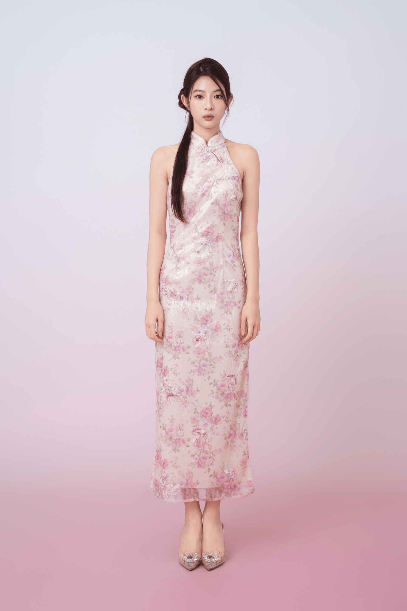 Kimora Cream Floral Sequined Halter Neck Cheongsam Dress - Nimisski