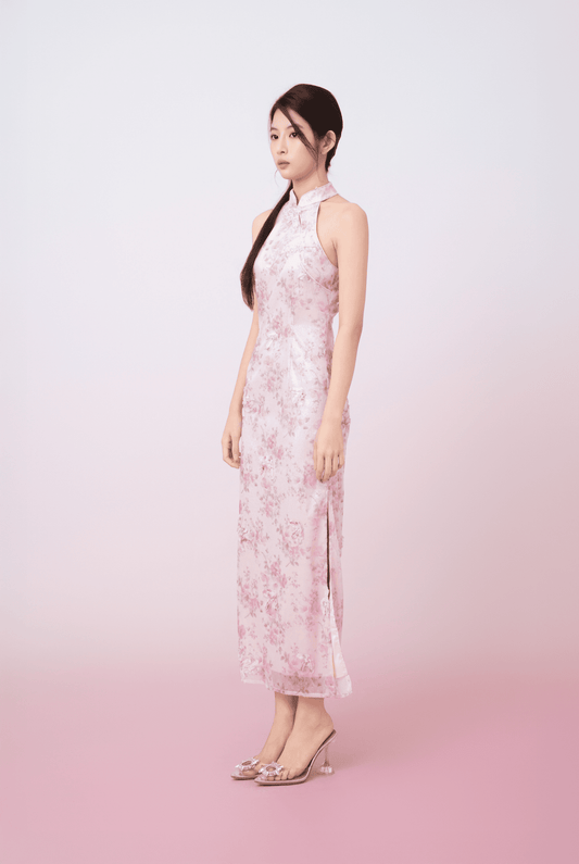 Kimora Cream Floral Sequined Halter Neck Cheongsam Dress - Nimisski