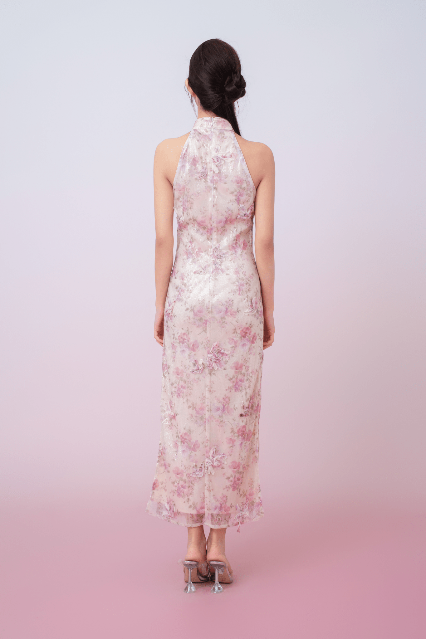 Kimora Cream Floral Sequined Halter Neck Cheongsam Dress - Nimisski
