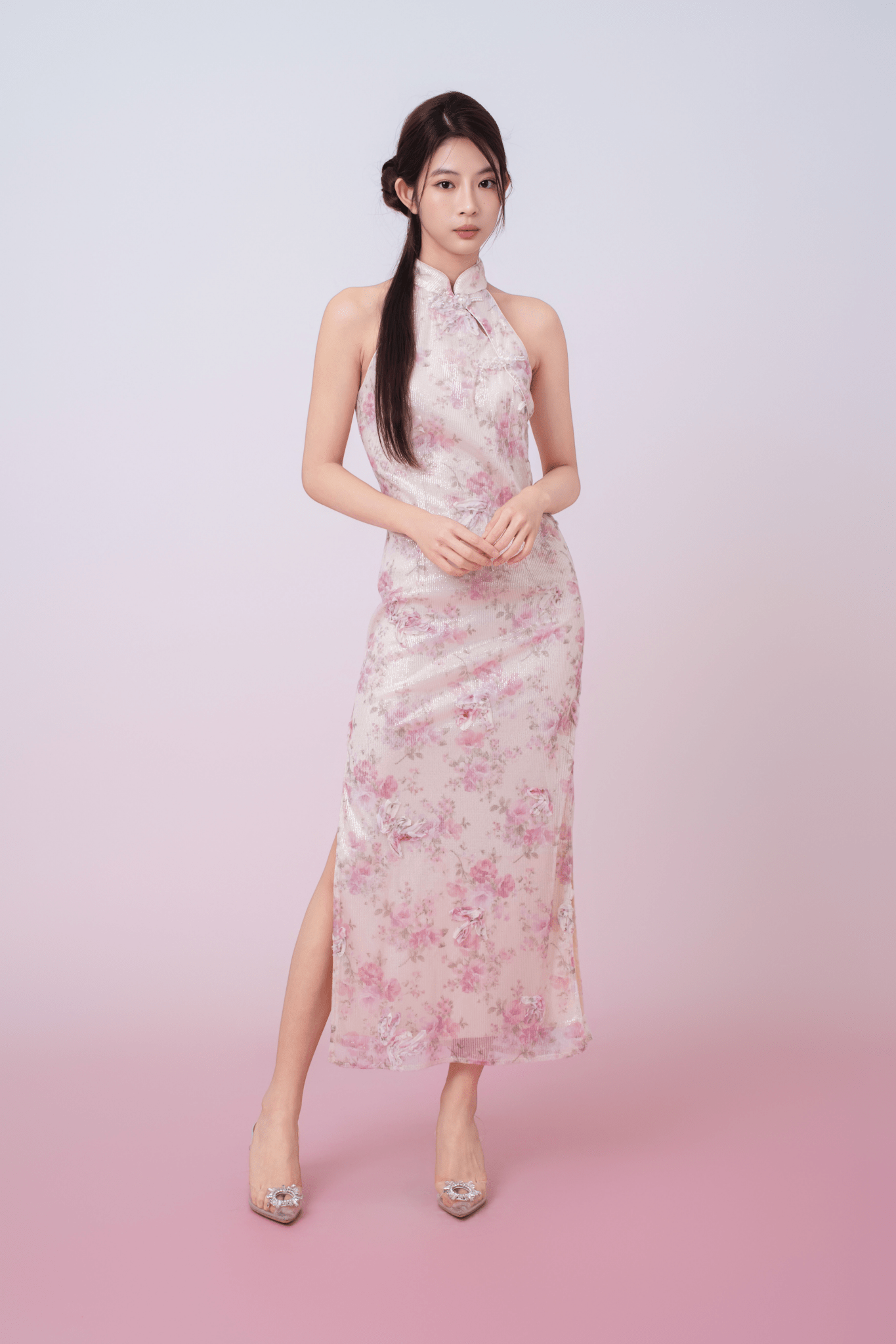 Kimora Cream Floral Sequined Halter Neck Cheongsam Dress - Nimisski