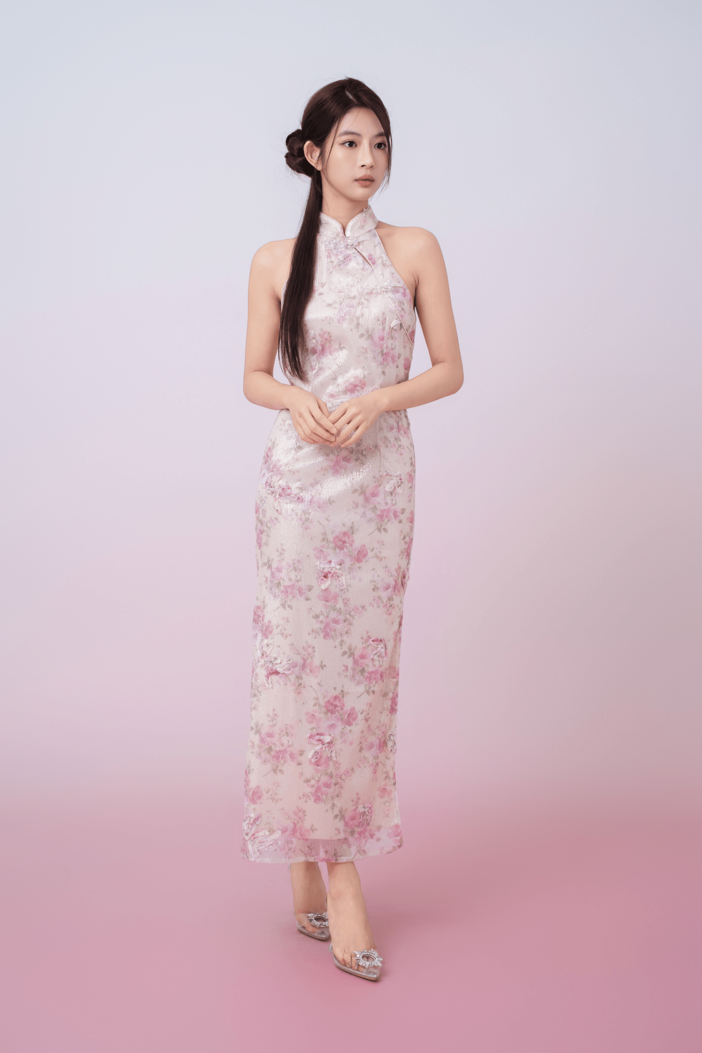 Kimora Cream Floral Sequined Halter Neck Cheongsam Dress - Nimisski