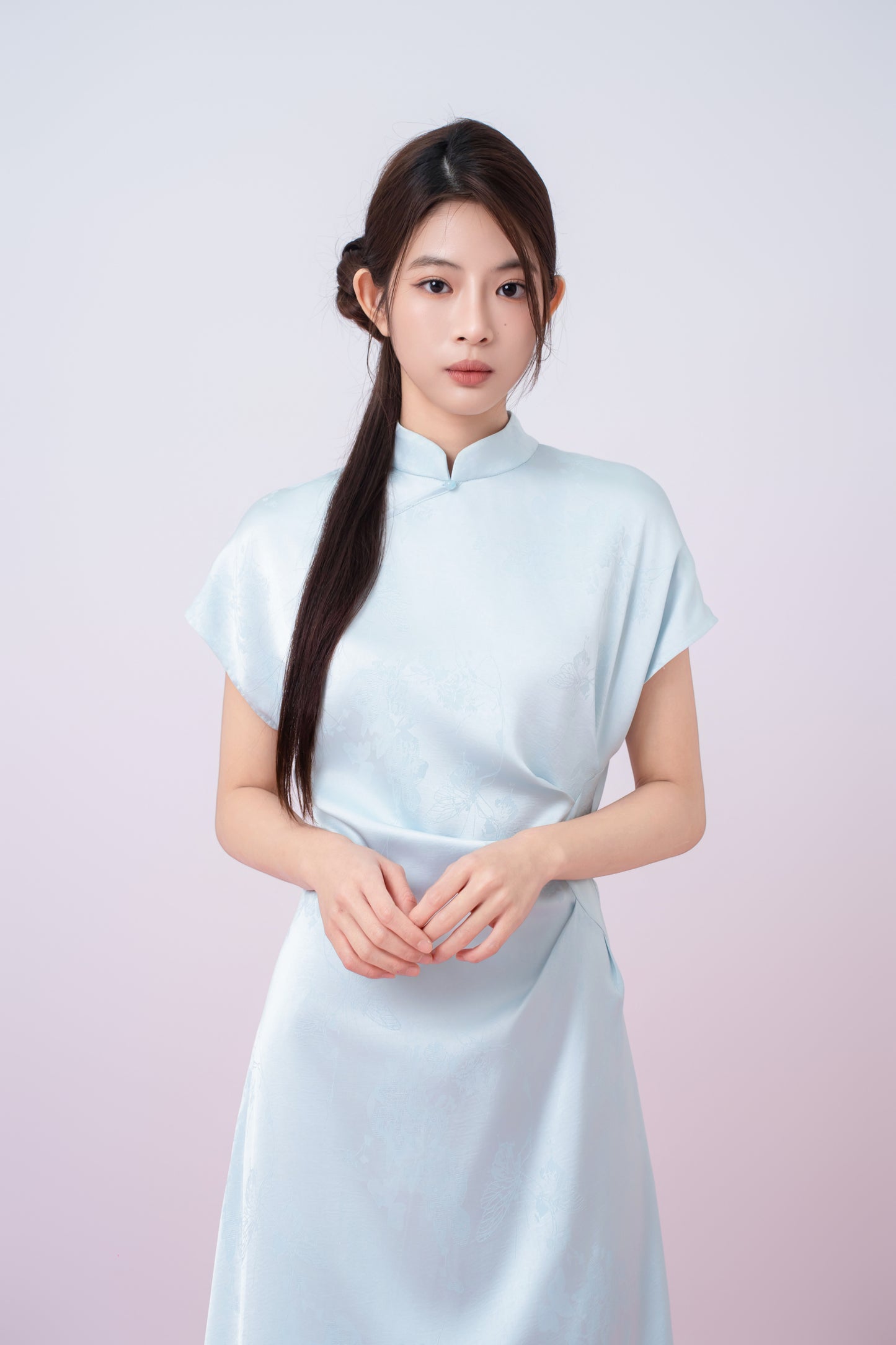 Kaisley Light Blue Jacquard Mandarin Collar Dress