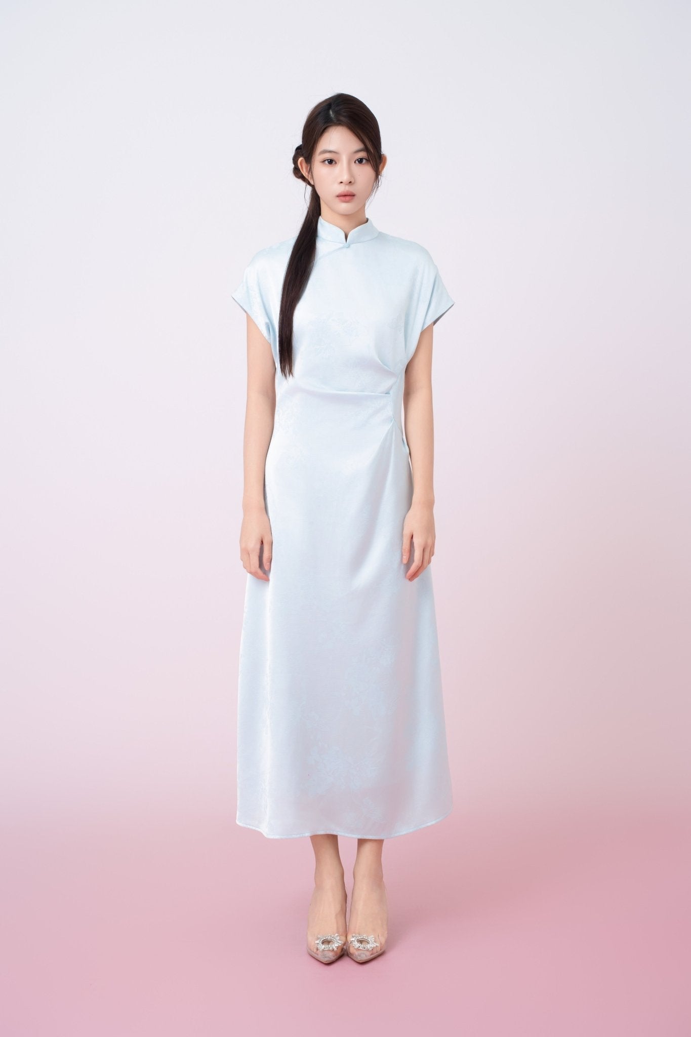 Kaisley Light Blue Jacquard Mandarin Collar Dress - Nimisski