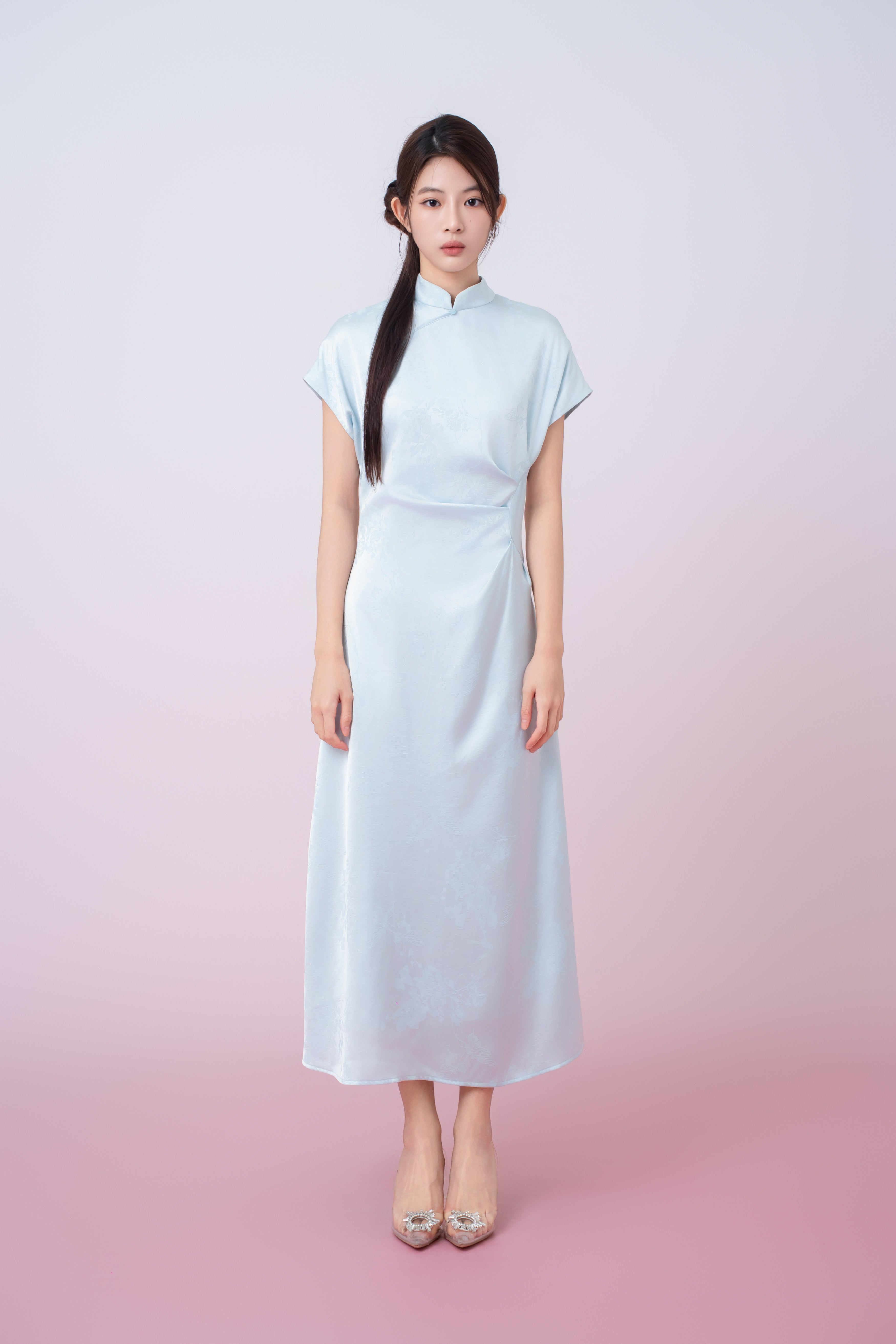 Kaisley Light Blue Jacquard Mandarin Collar Dress