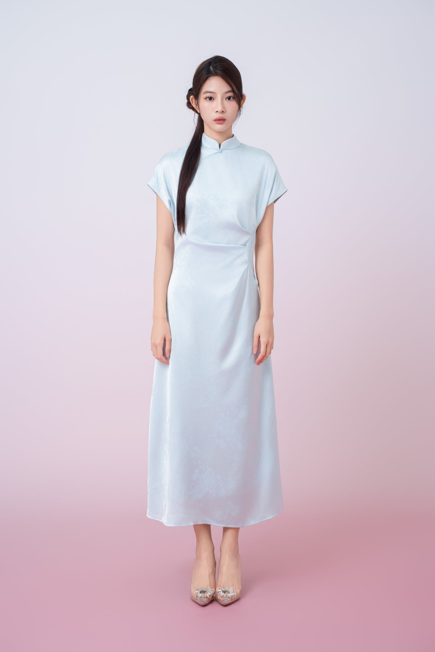Kaisley Light Blue Jacquard Mandarin Collar Dress