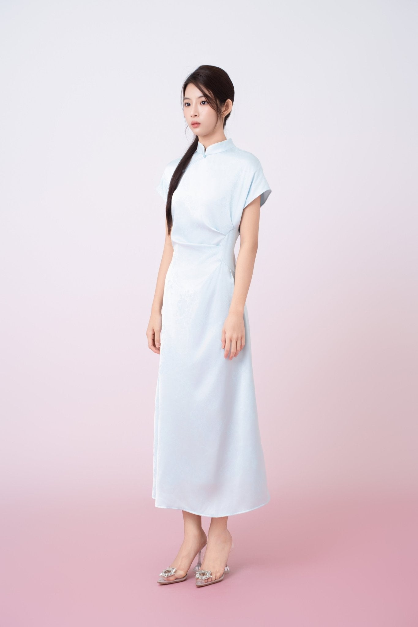 Kaisley Light Blue Jacquard Mandarin Collar Dress - Nimisski