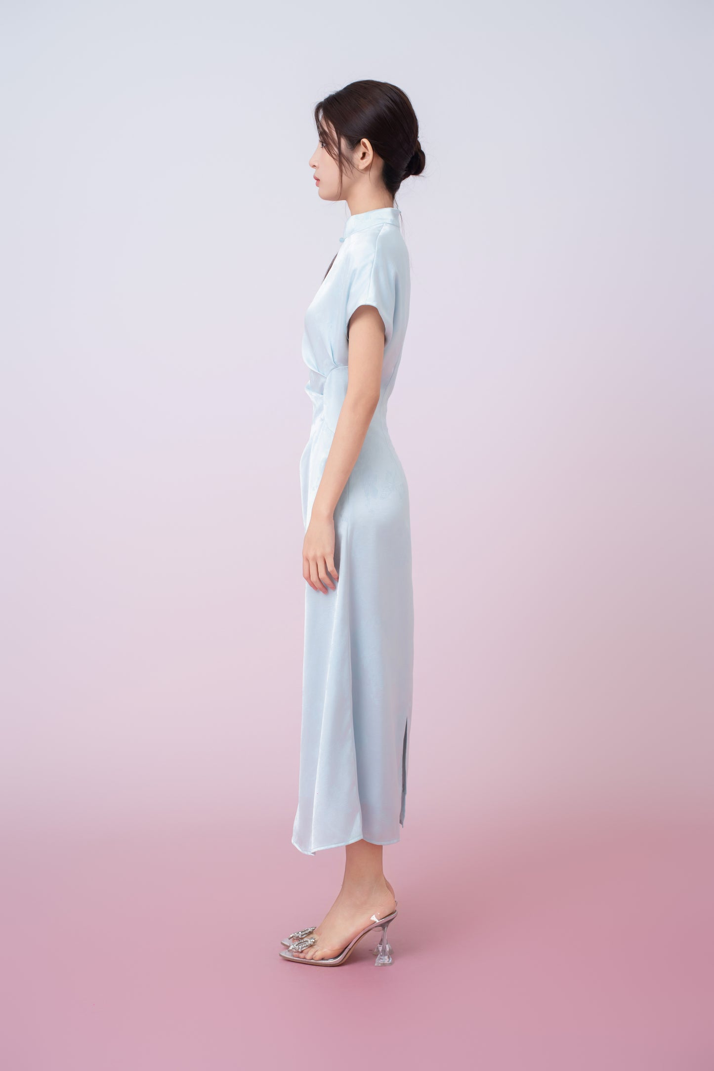 Kaisley Light Blue Jacquard Mandarin Collar Dress