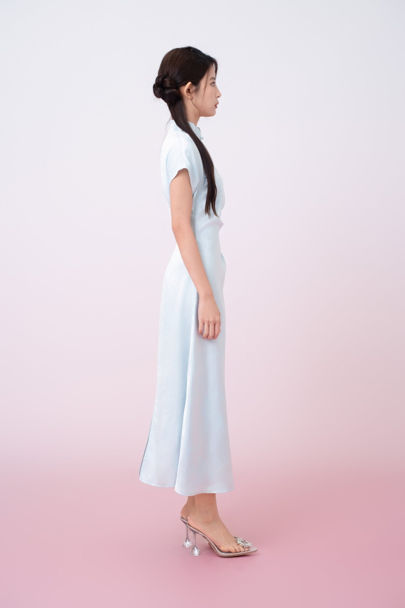 Kaisley Light Blue Jacquard Mandarin Collar Dress - Nimisski