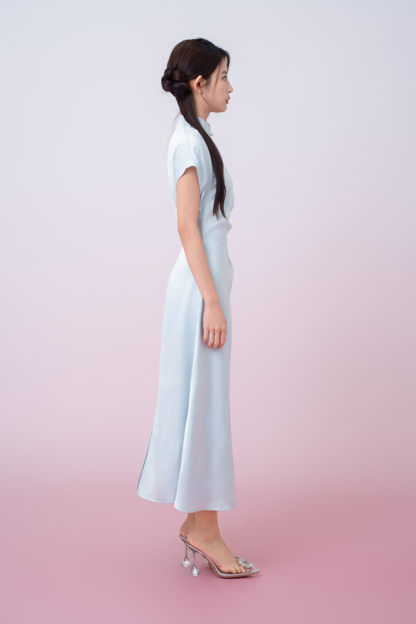 Kaisley Light Blue Jacquard Mandarin Collar Dress