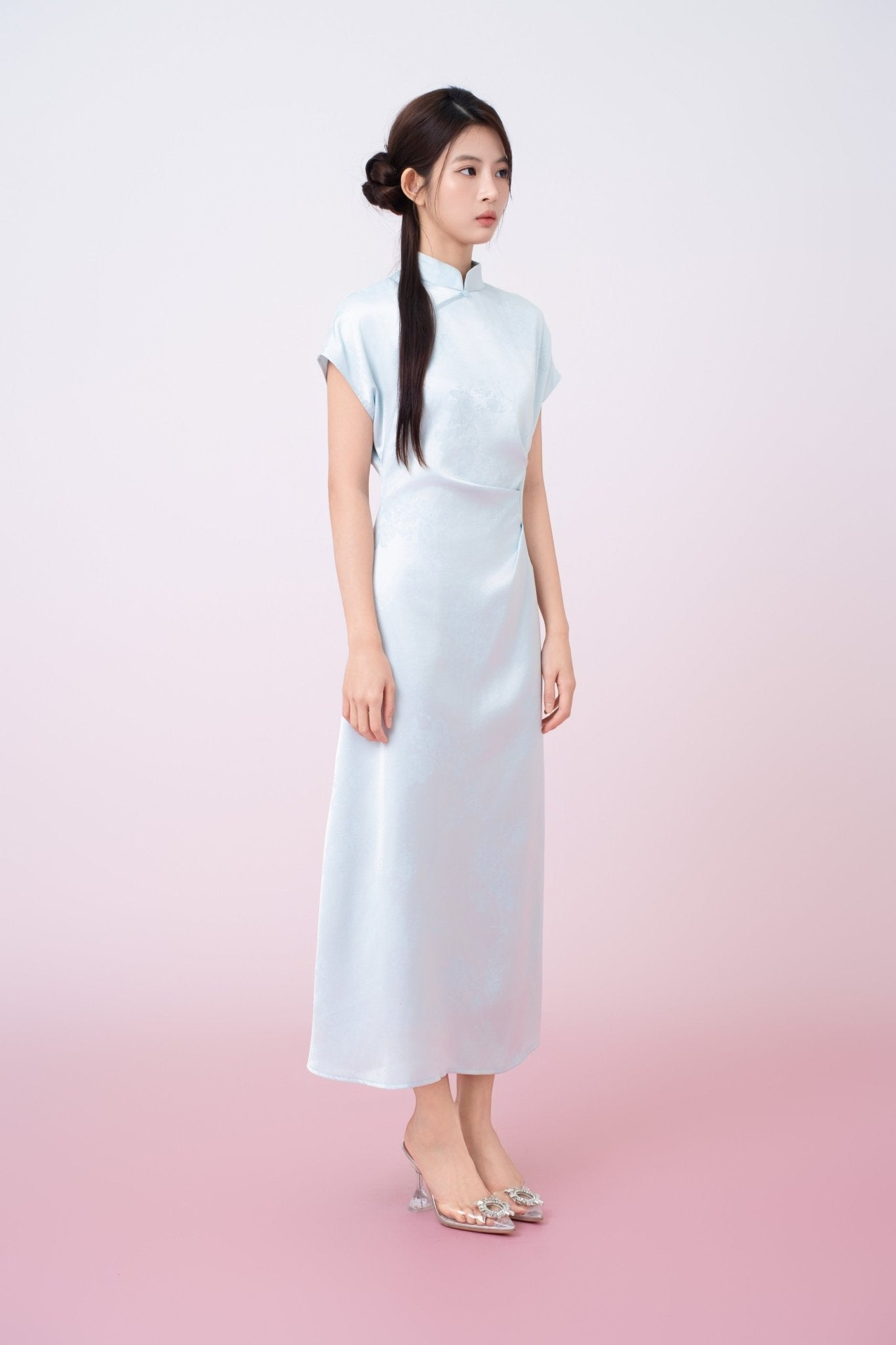 Kaisley Light Blue Jacquard Mandarin Collar Dress - Nimisski