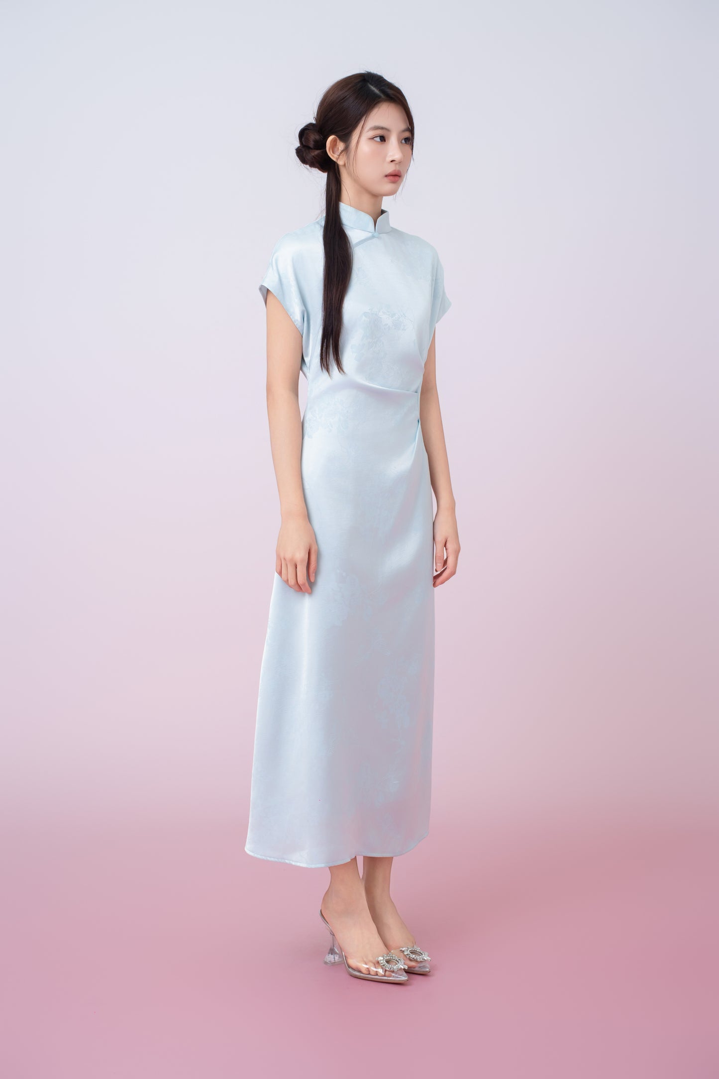 Kaisley Light Blue Jacquard Mandarin Collar Dress