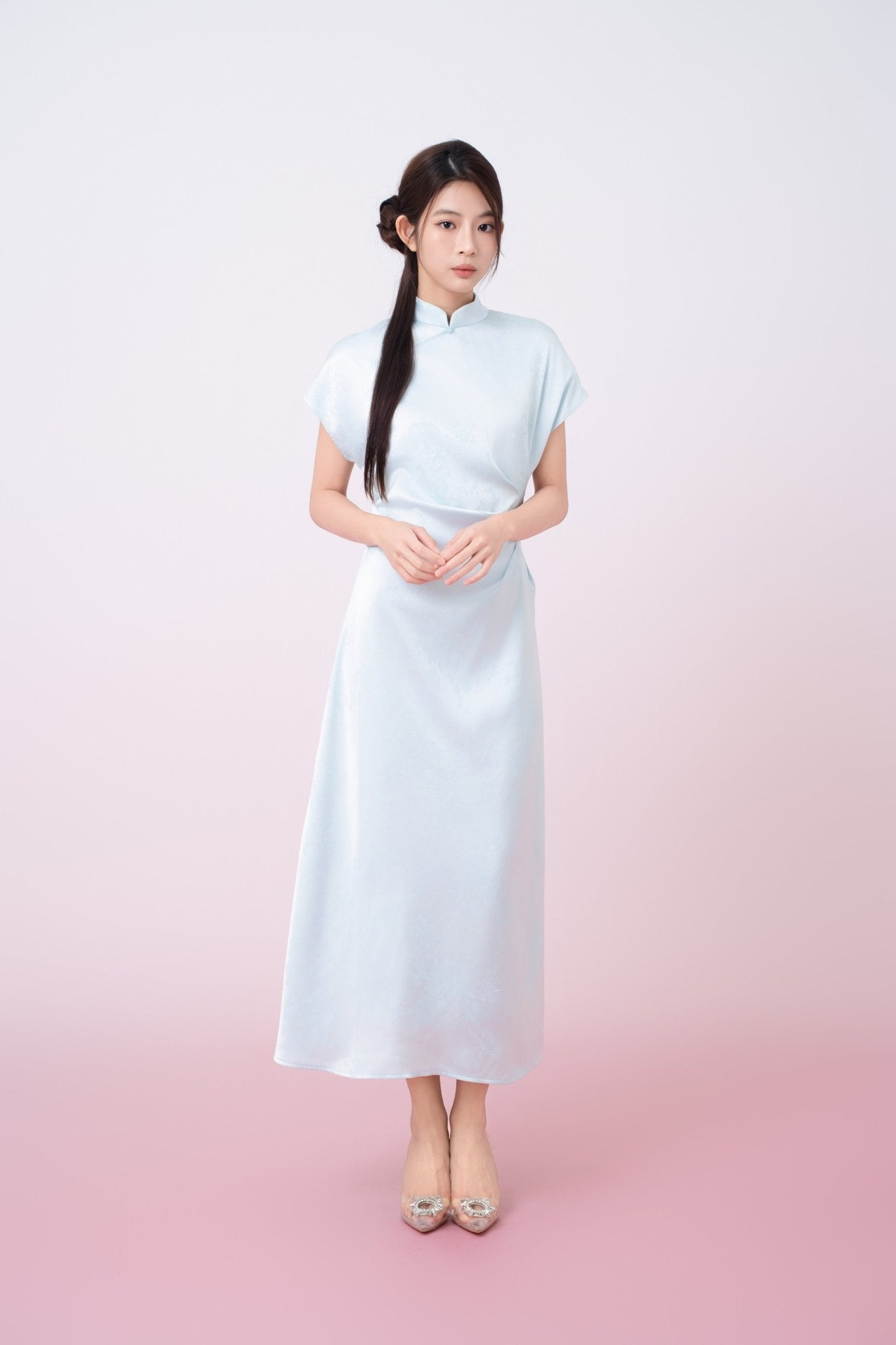 Kaisley Light Blue Jacquard Mandarin Collar Dress - Nimisski