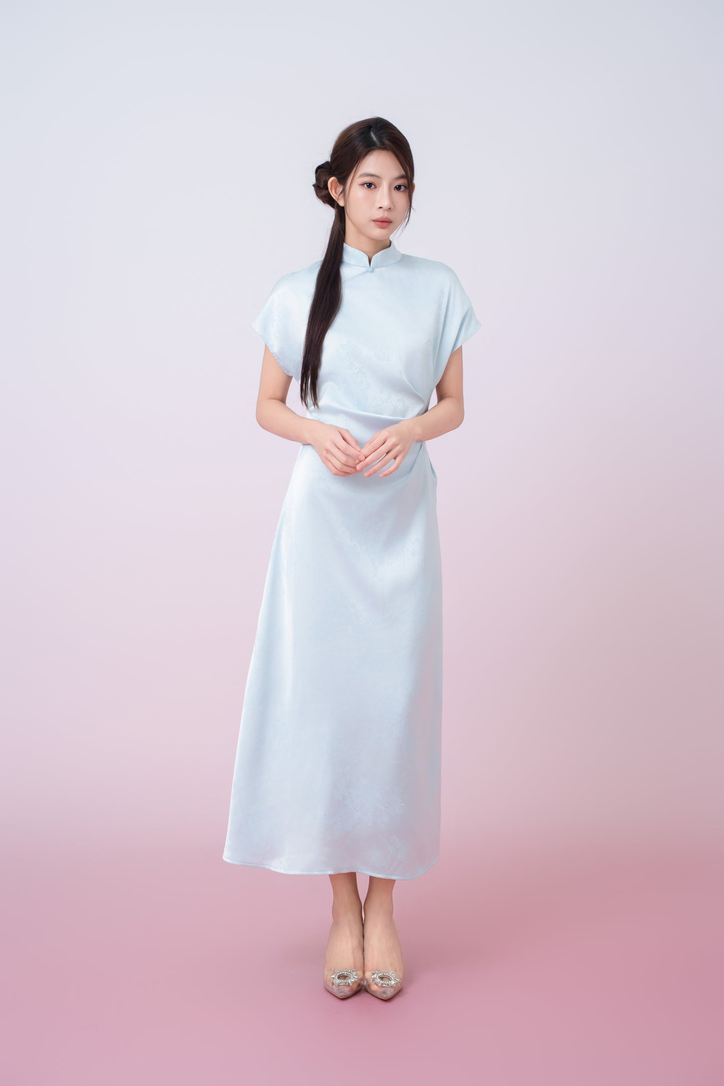 Kaisley Light Blue Jacquard Mandarin Collar Dress