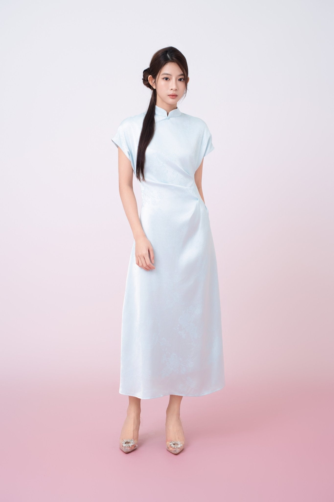 Kaisley Light Blue Jacquard Mandarin Collar Dress - Nimisski