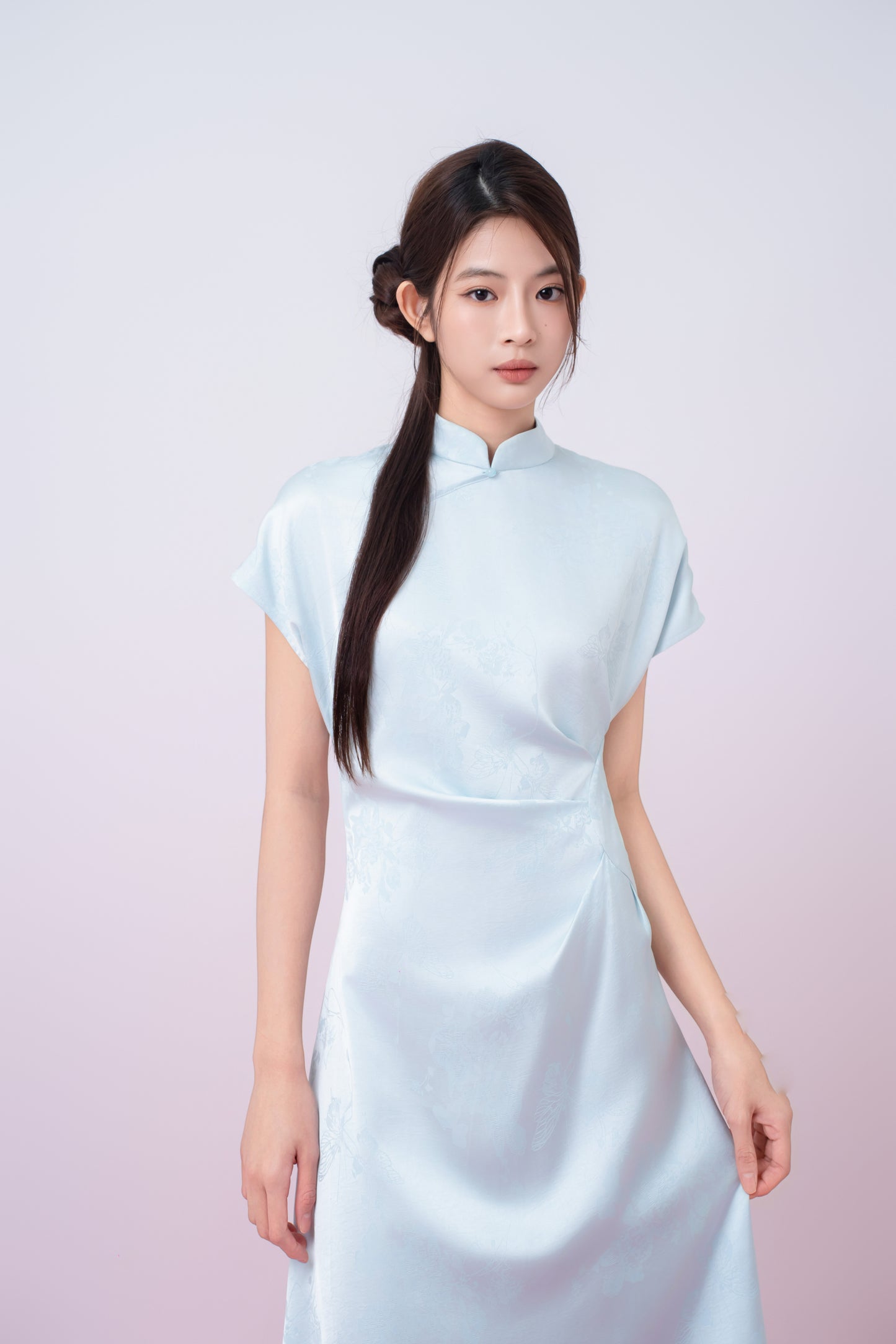 Kaisley Light Blue Jacquard Mandarin Collar Dress