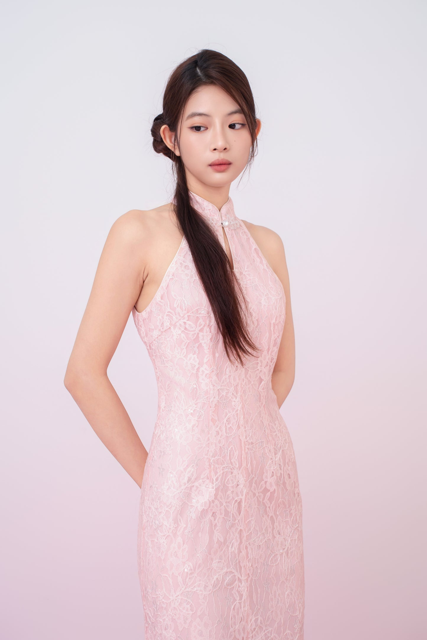 Kamille Blush Pink Floral Lace Halter Neck Cheongsam Dress