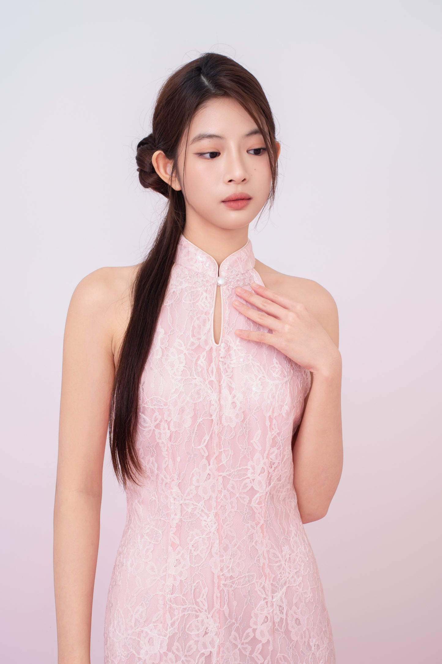 Kamille Blush Pink Floral Lace Halter Neck Cheongsam Dress