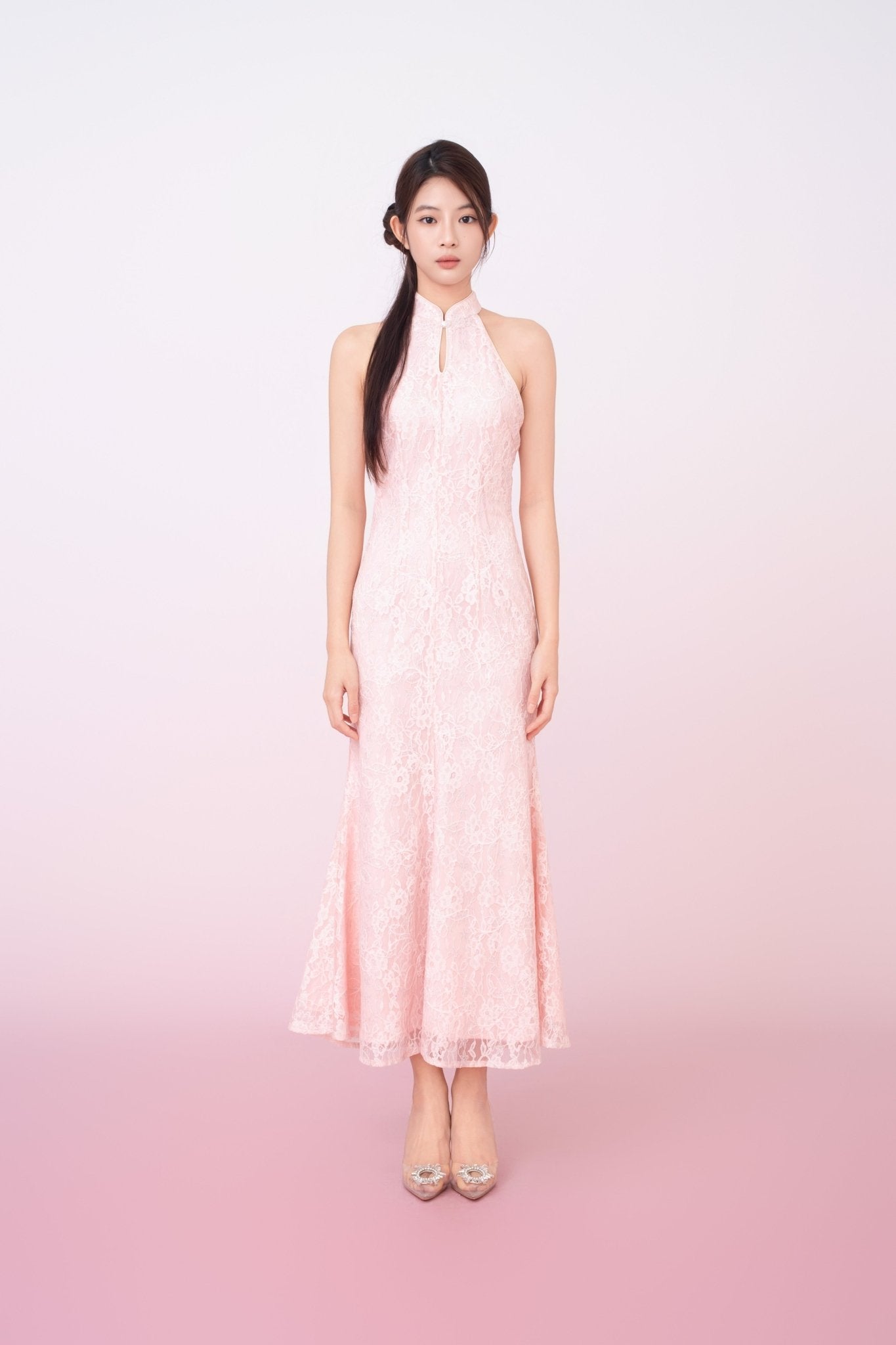 Kamille Blush Pink Floral Lace Halter Neck Cheongsam Dress - Nimisski