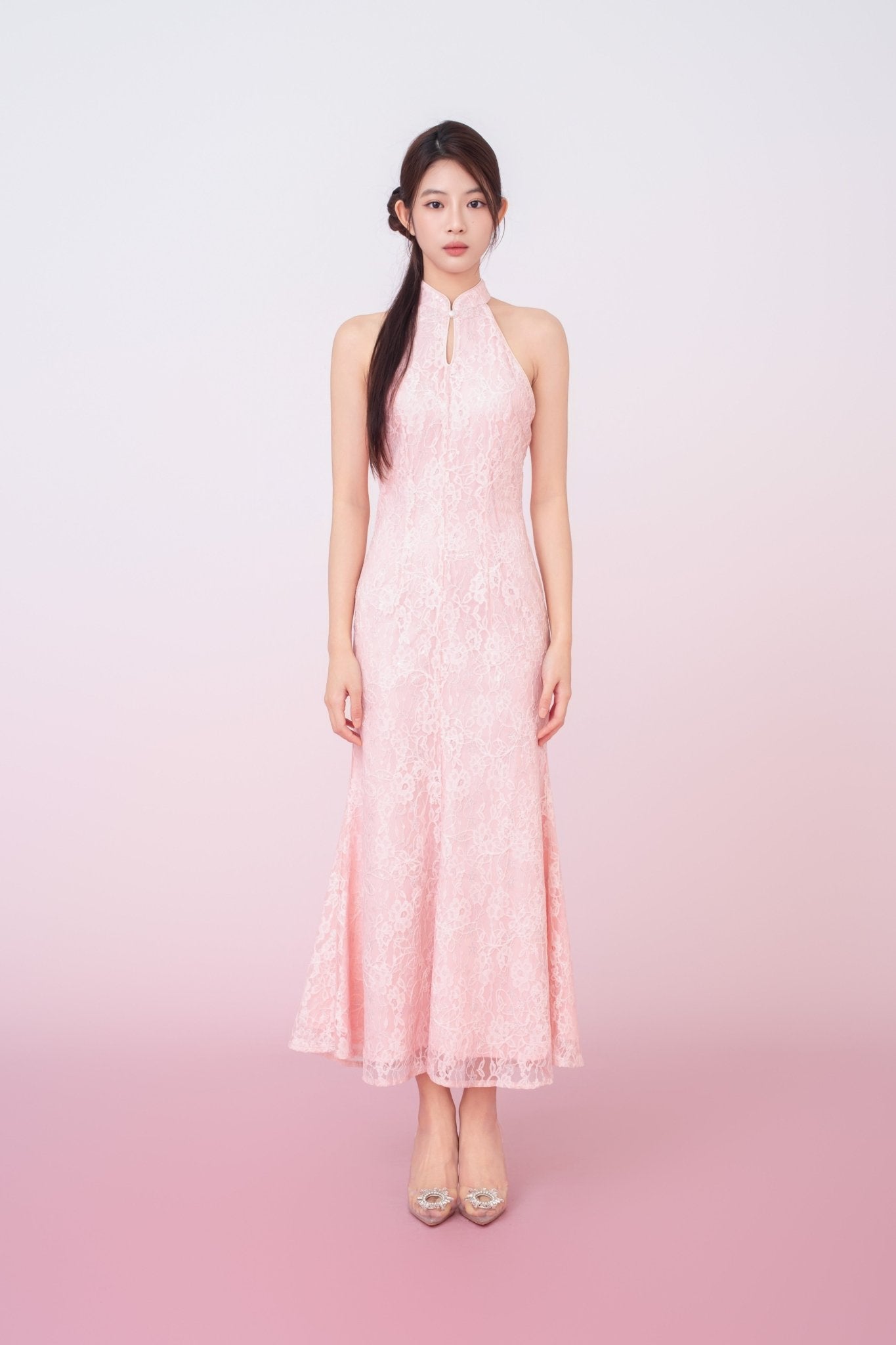 Kamille Blush Pink Floral Lace Halter Neck Cheongsam Dress - Nimisski