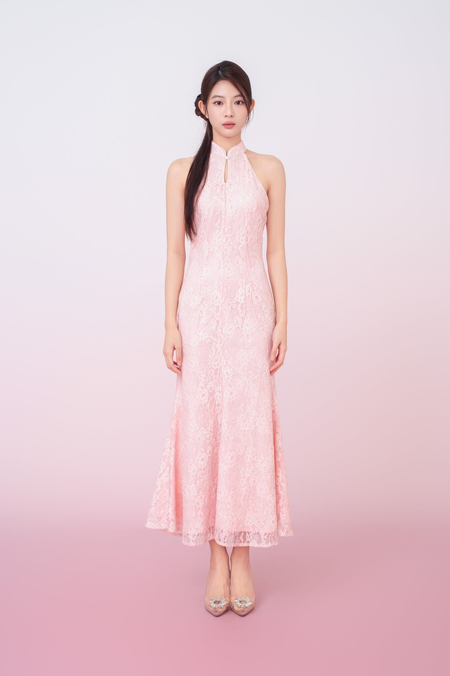 Kamille Blush Pink Floral Lace Halter Neck Cheongsam Dress