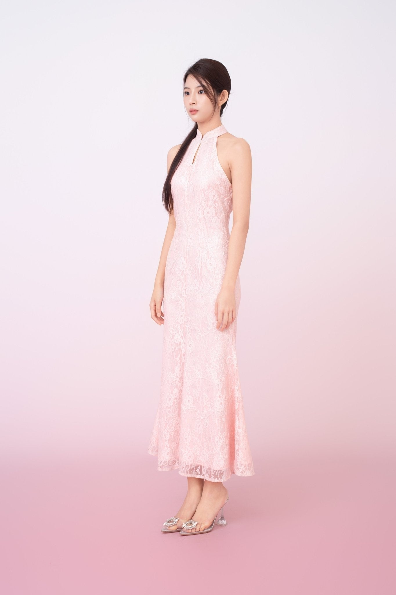 Kamille Blush Pink Floral Lace Halter Neck Cheongsam Dress - Nimisski