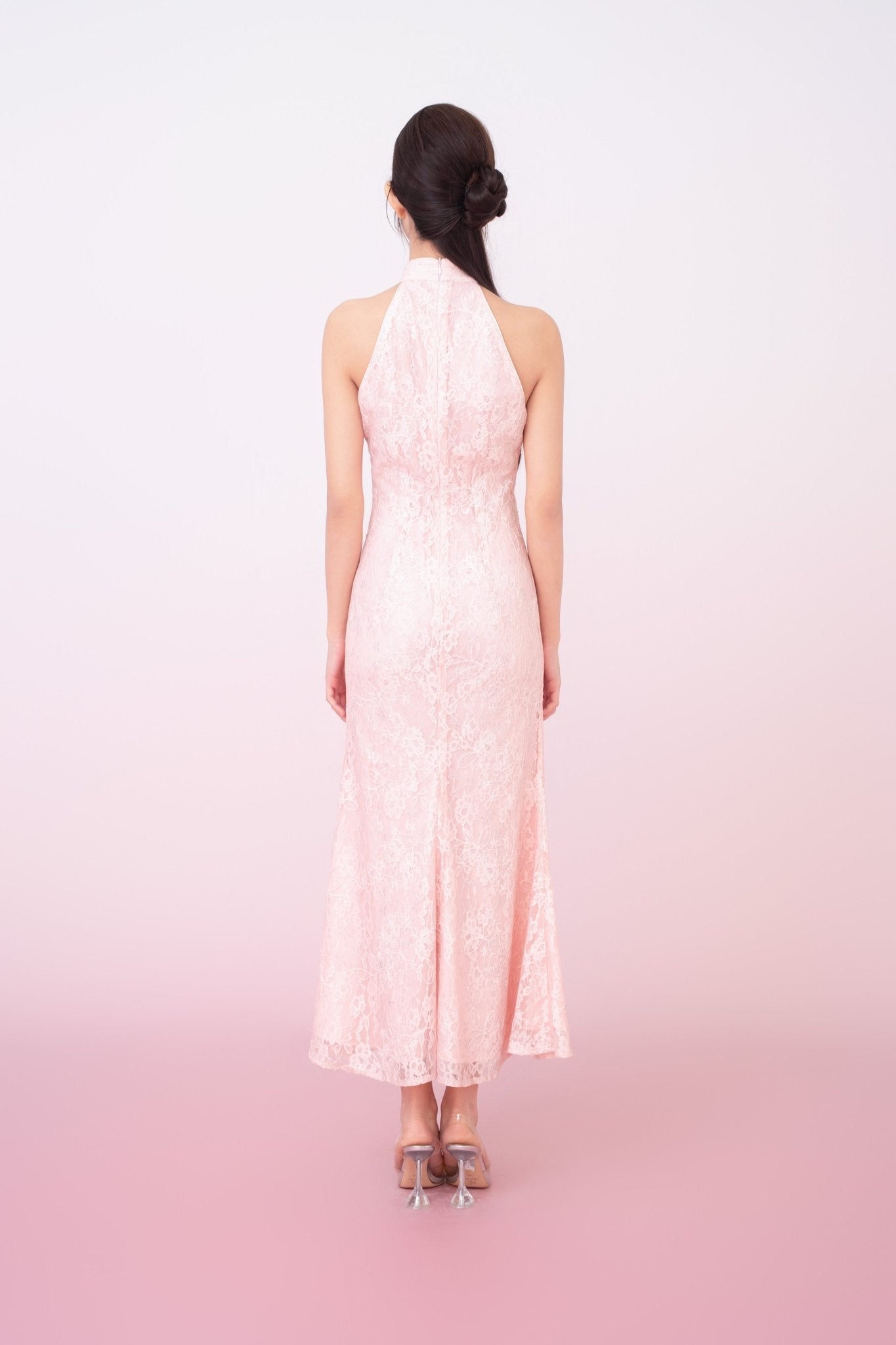 Kamille Blush Pink Floral Lace Halter Neck Cheongsam Dress - Nimisski