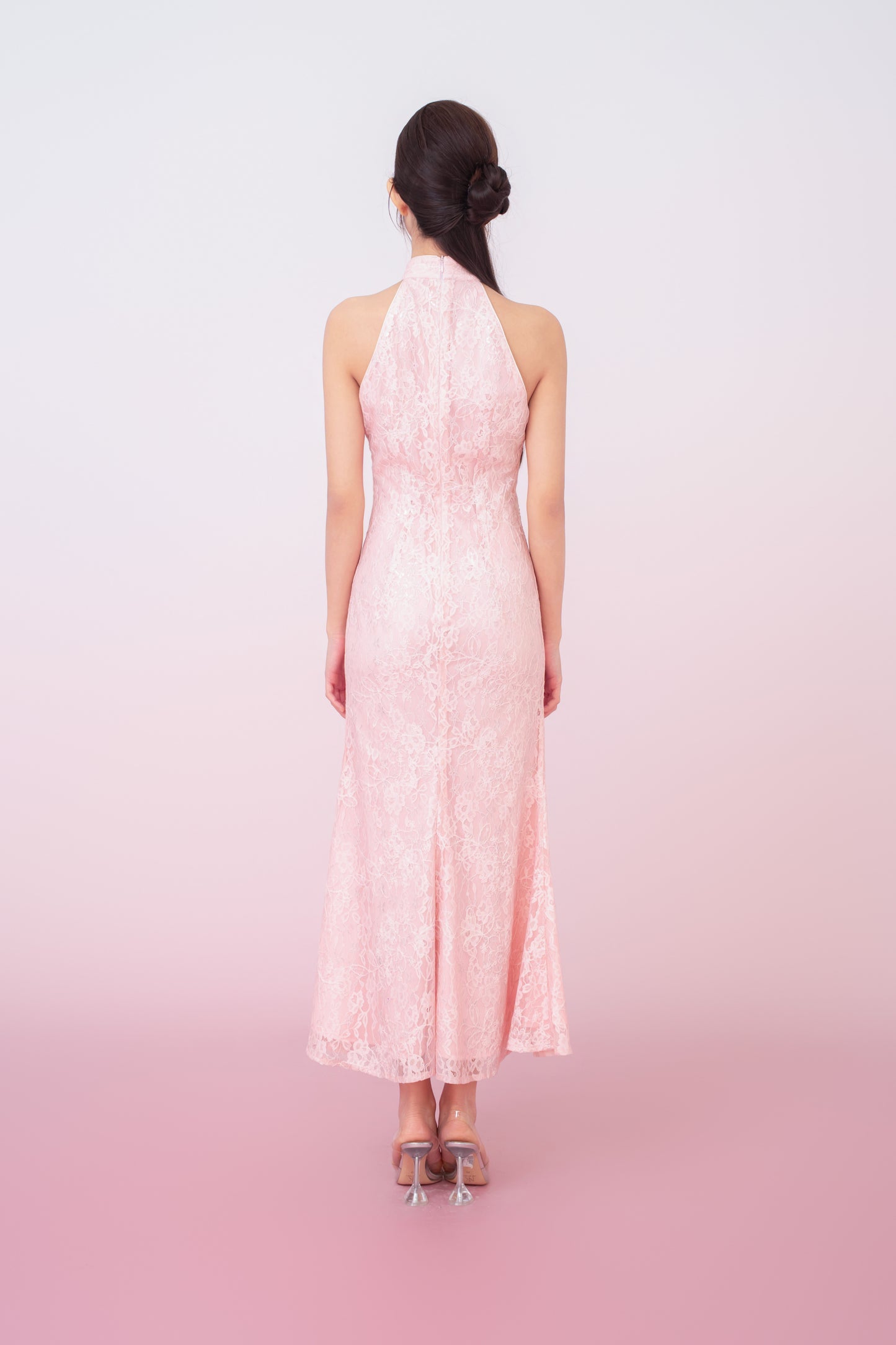 Kamille Blush Pink Floral Lace Halter Neck Cheongsam Dress