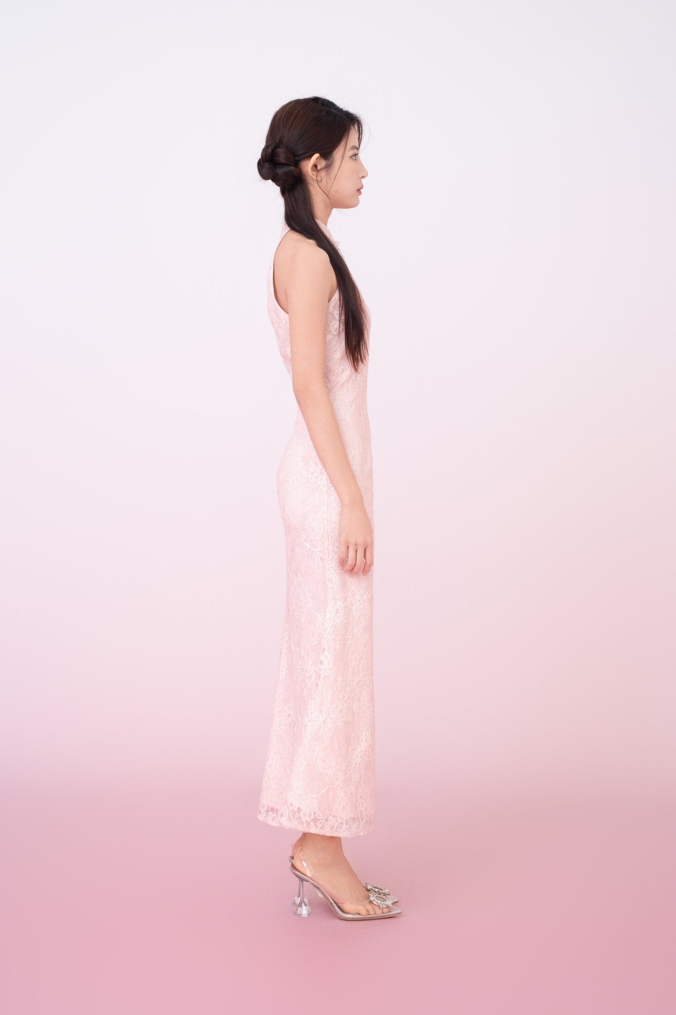 Kamille Blush Pink Floral Lace Halter Neck Cheongsam Dress - Nimisski