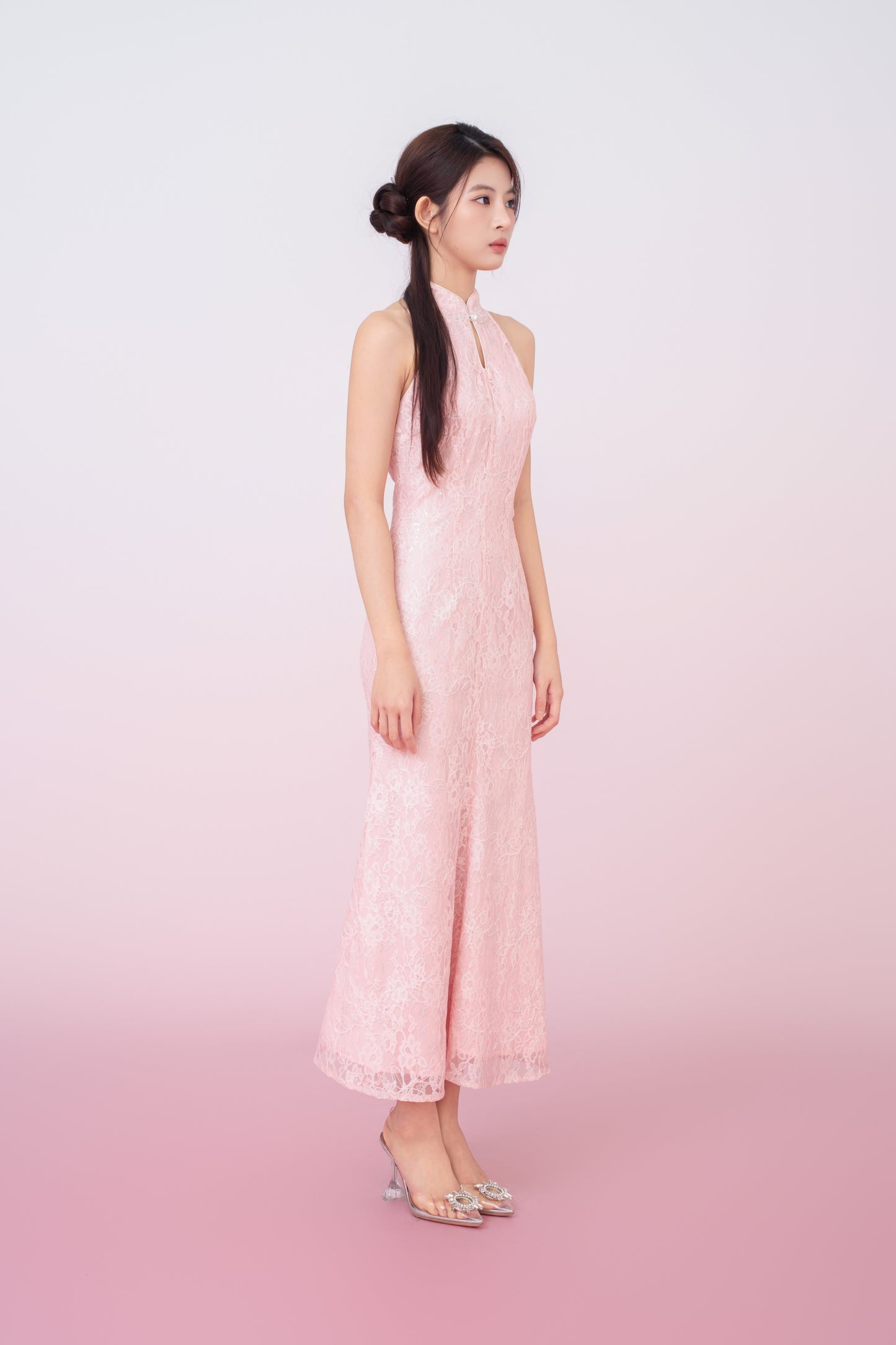 Kamille Blush Pink Floral Lace Halter Neck Cheongsam Dress