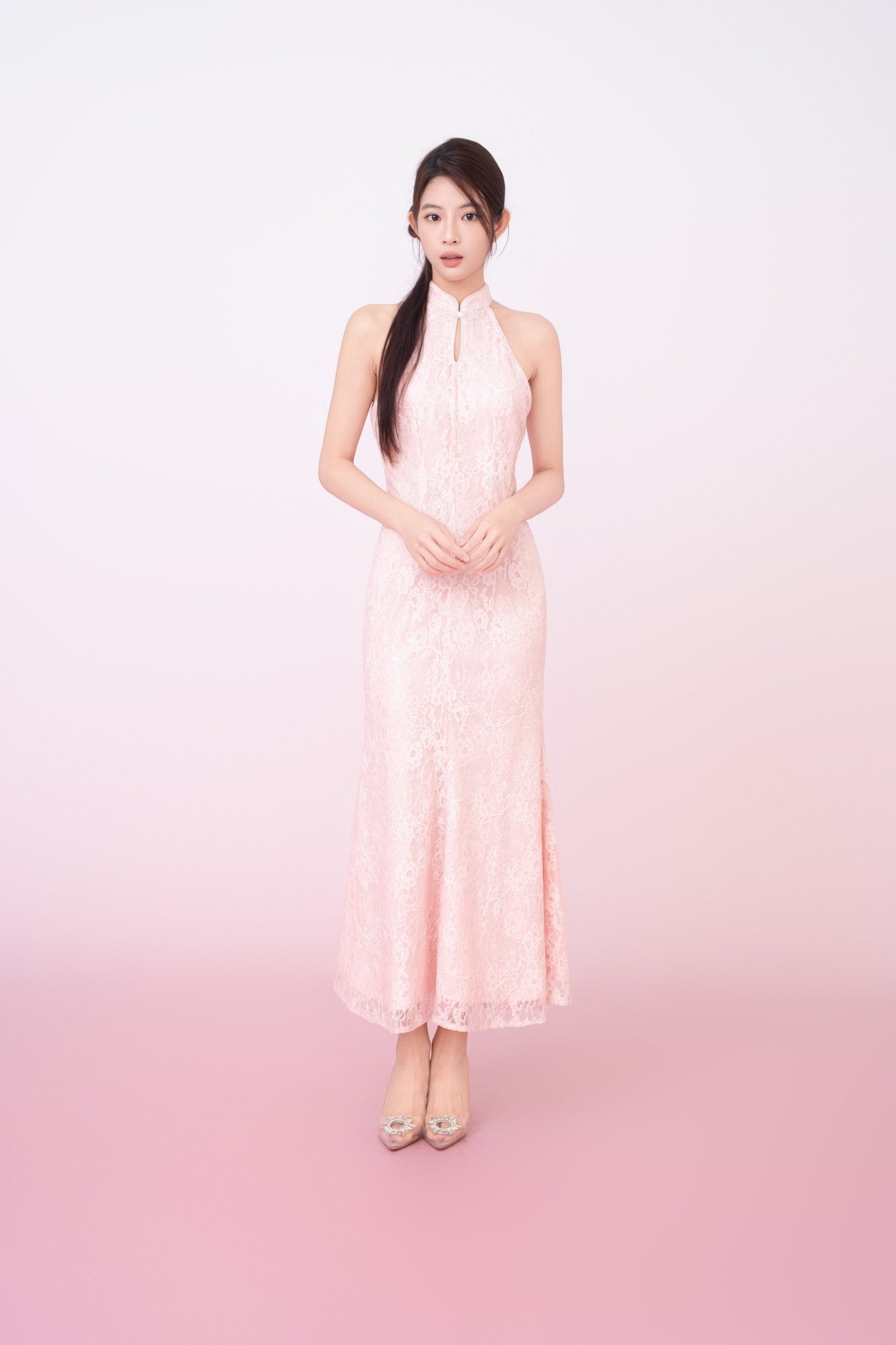 Kamille Blush Pink Floral Lace Halter Neck Cheongsam Dress - Nimisski
