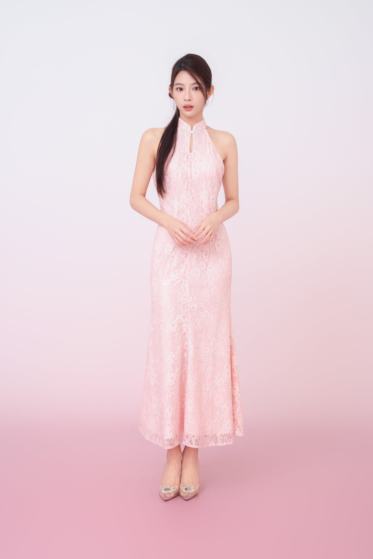 Kamille Blush Pink Floral Lace Halter Neck Cheongsam Dress