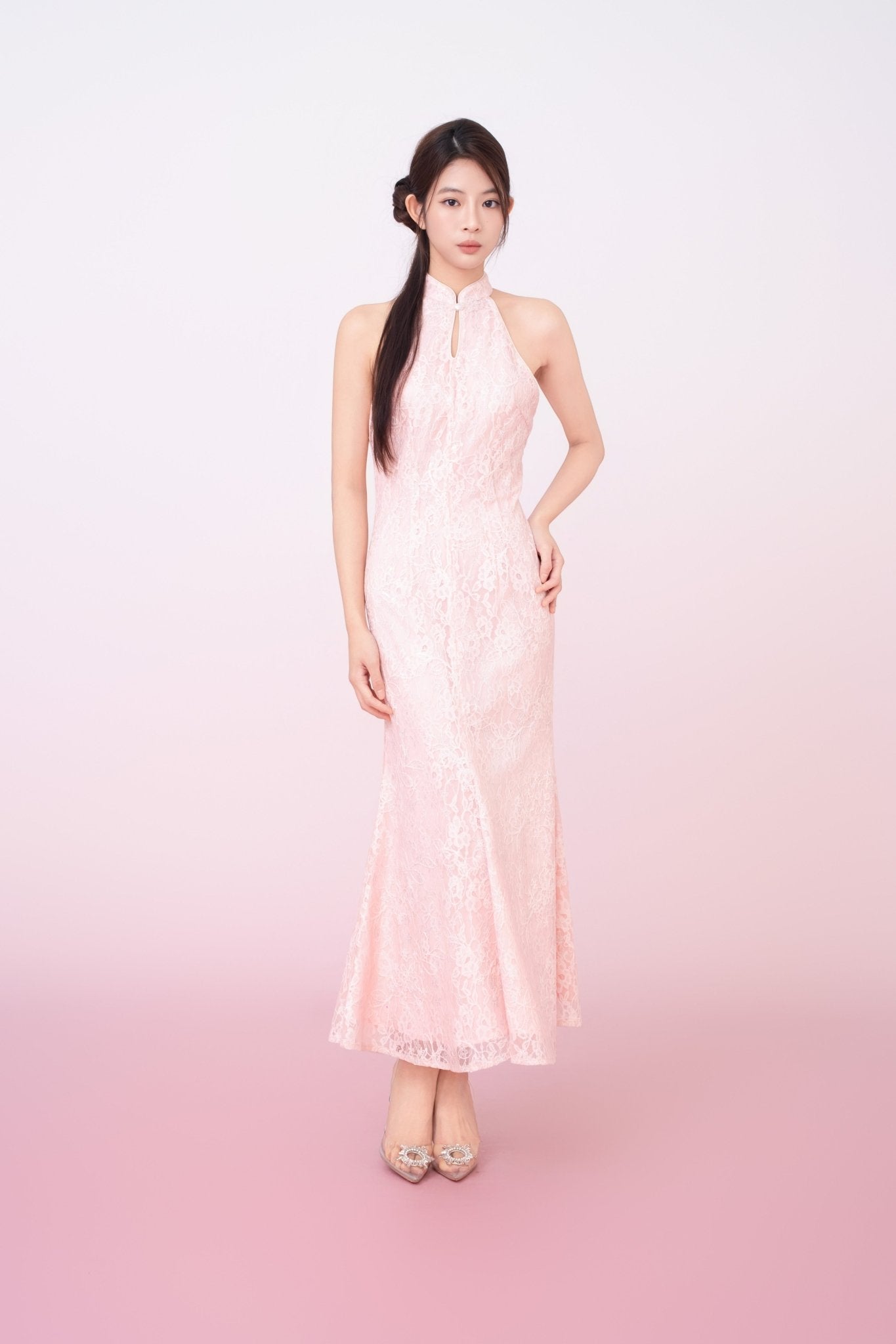 Kamille Blush Pink Floral Lace Halter Neck Cheongsam Dress - Nimisski