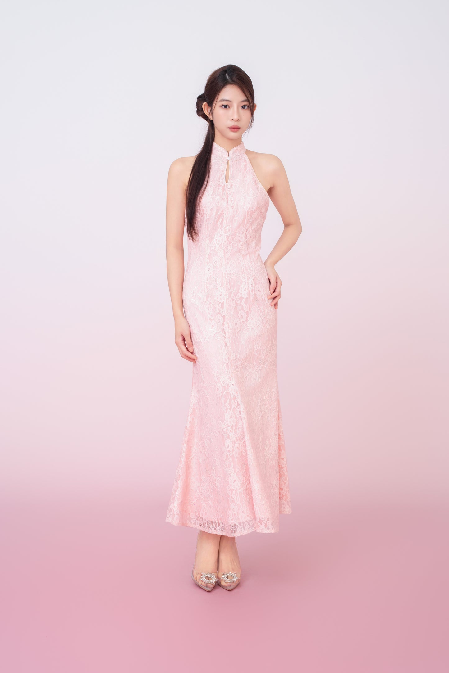 Kamille Blush Pink Floral Lace Halter Neck Cheongsam Dress