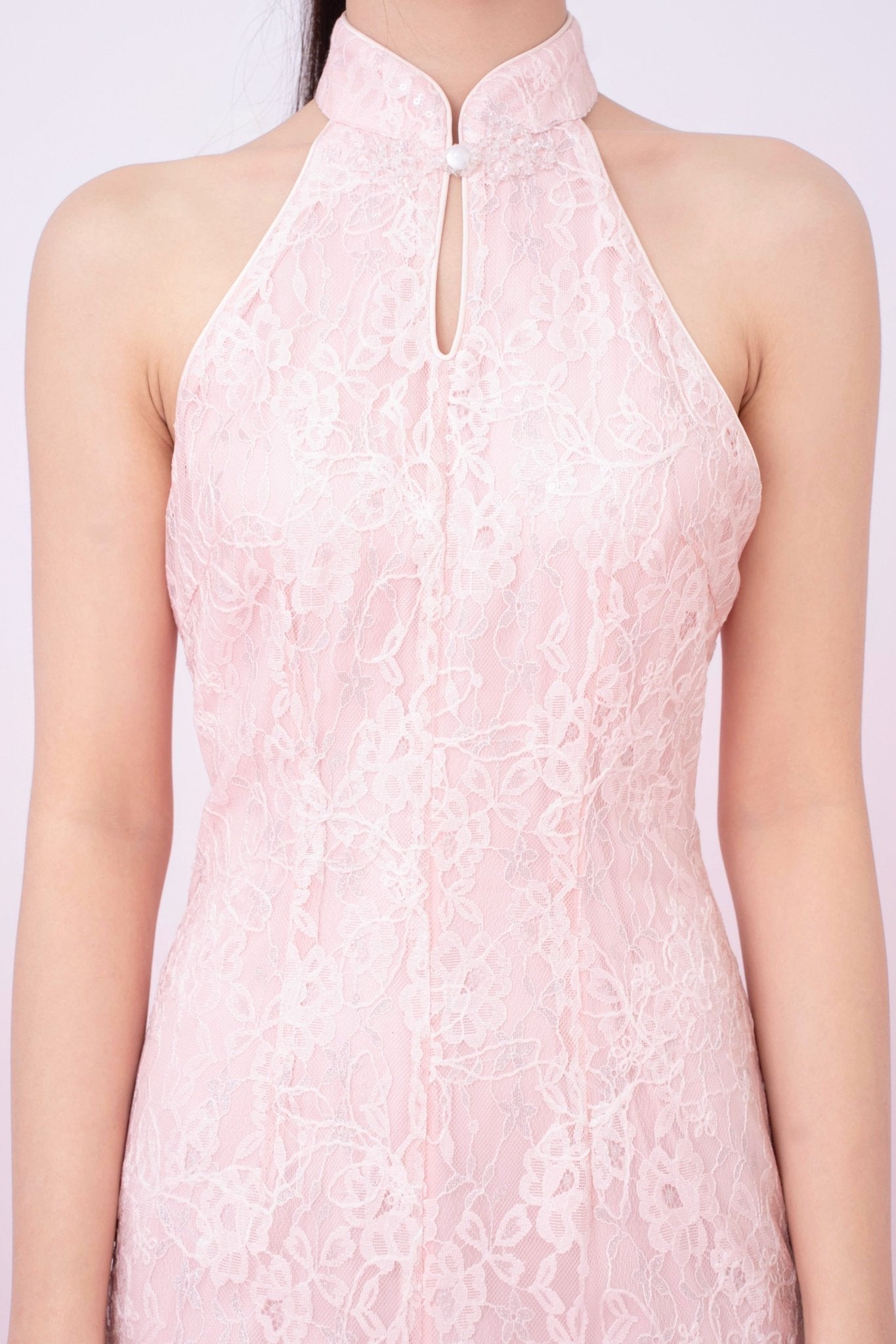 Kamille Blush Pink Floral Lace Halter Neck Cheongsam Dress - Nimisski