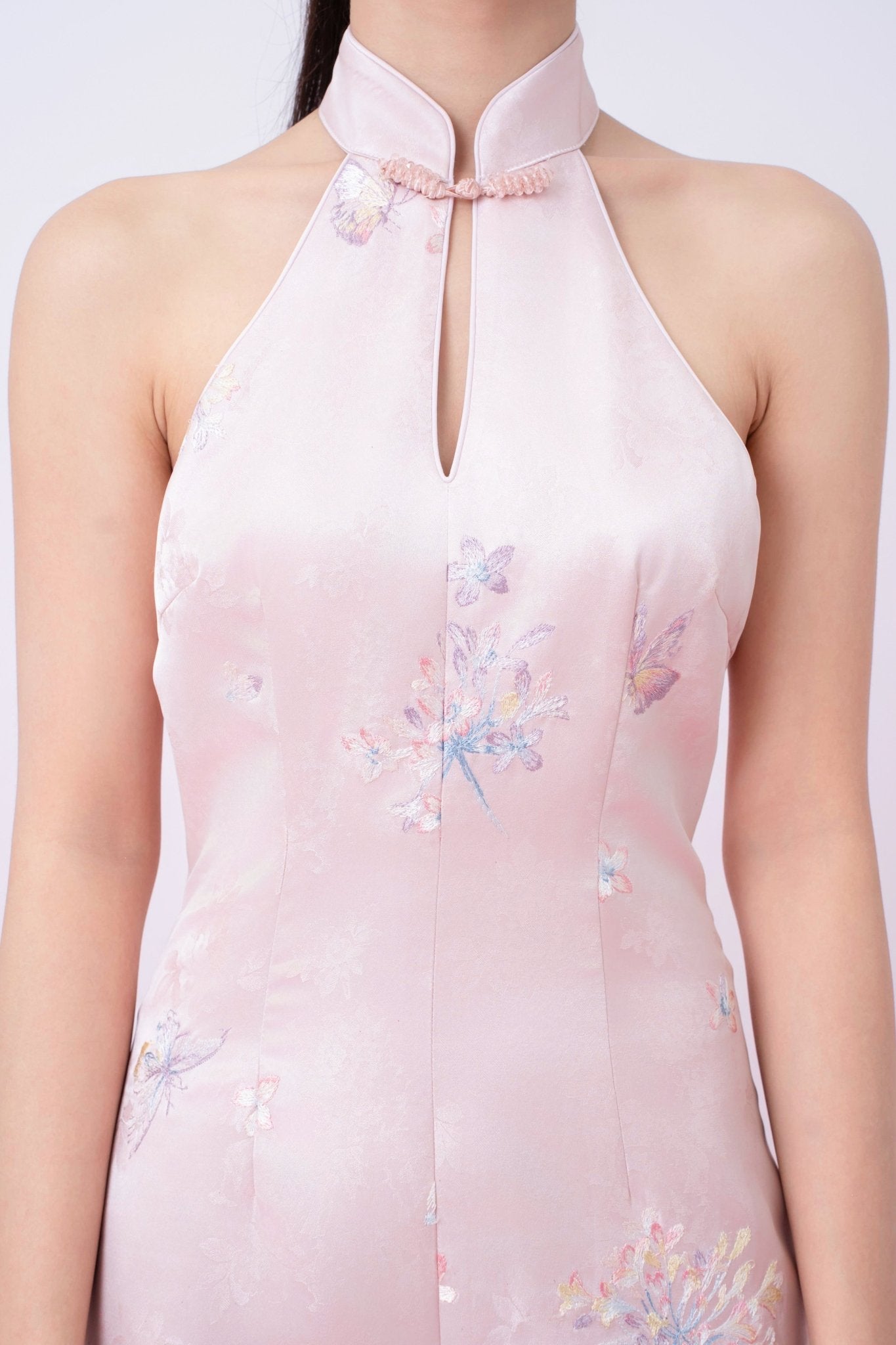 Kaliyah Pink Jacquard With Front Slit Halter Neck Cheongsam Dress - Nimisski