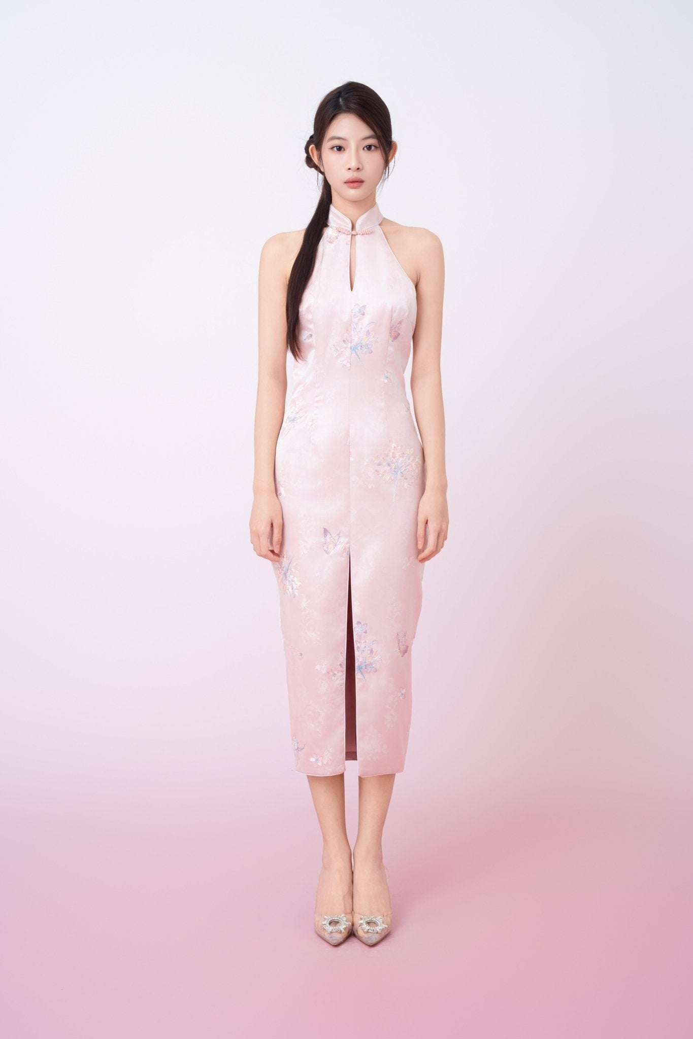 Kaliyah Pink Jacquard With Front Slit Halter Neck Cheongsam Dress - Nimisski