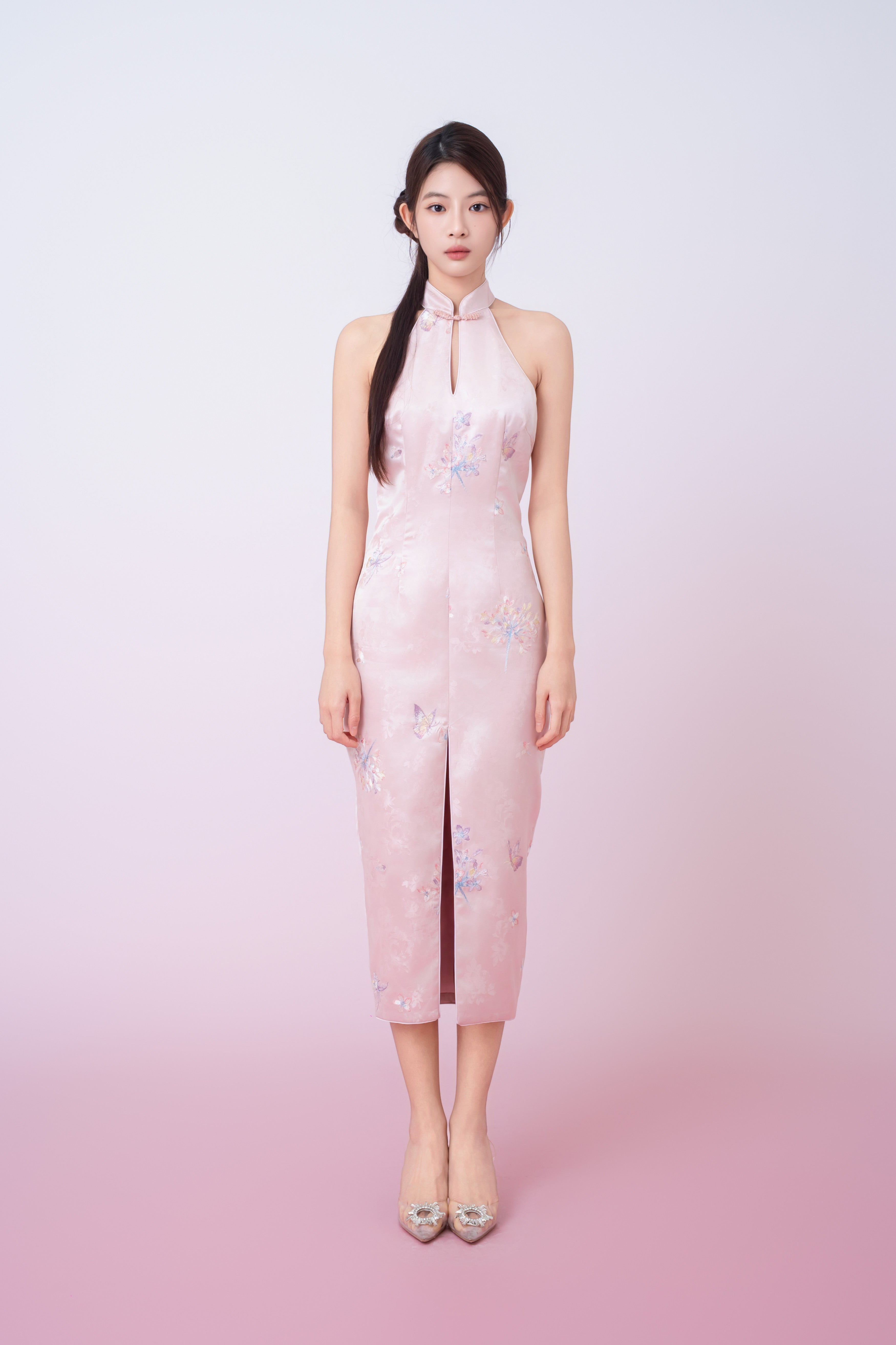 Kaliyah Pink Jacquard With Front Slit Halter Neck Cheongsam Dress