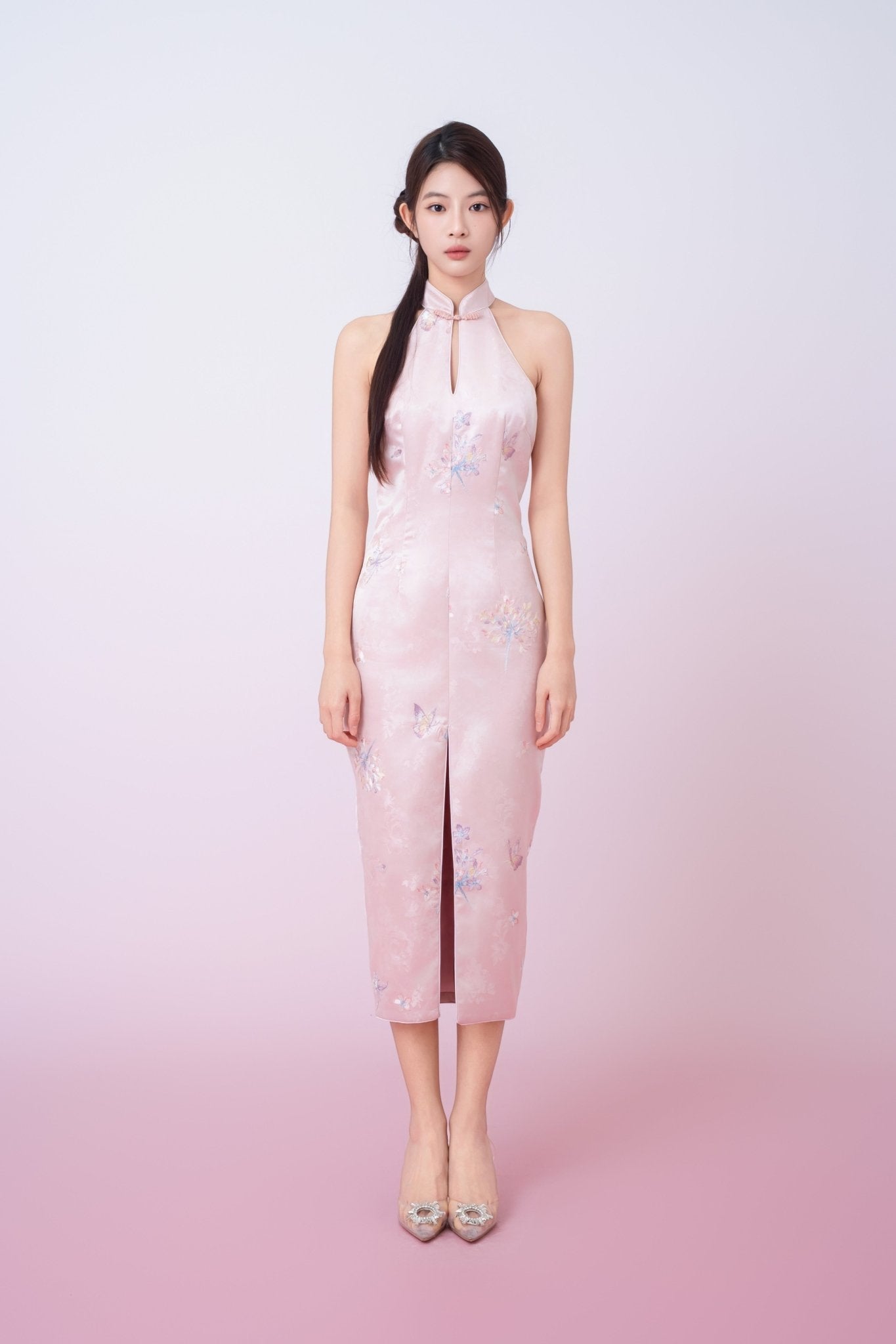 Kaliyah Pink Jacquard With Front Slit Halter Neck Cheongsam Dress - Nimisski