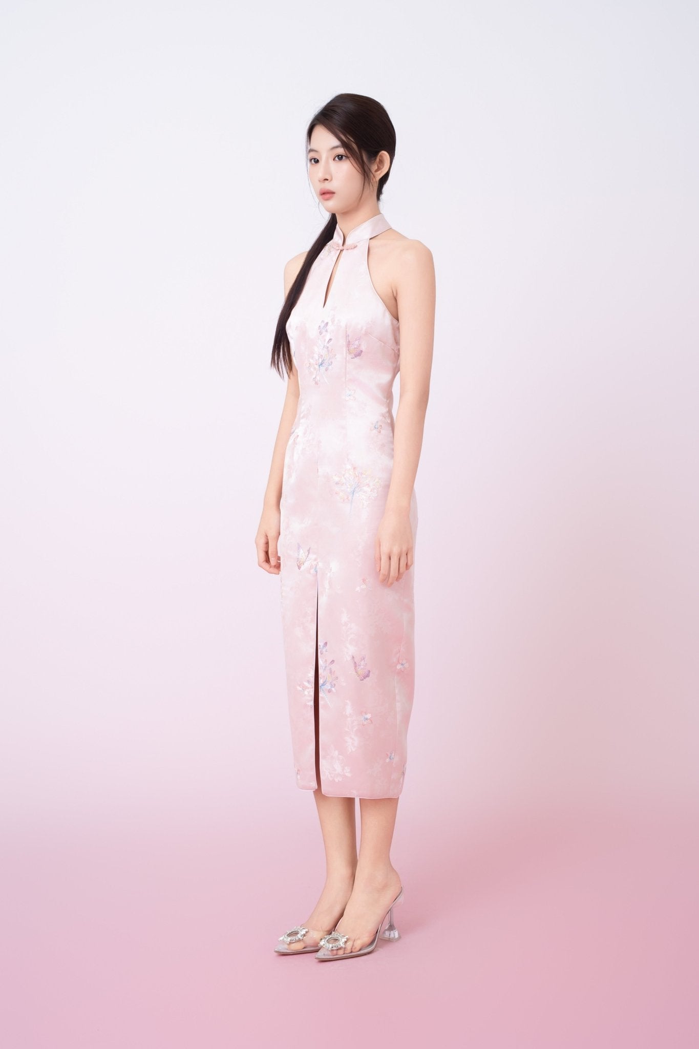Kaliyah Pink Jacquard With Front Slit Halter Neck Cheongsam Dress - Nimisski