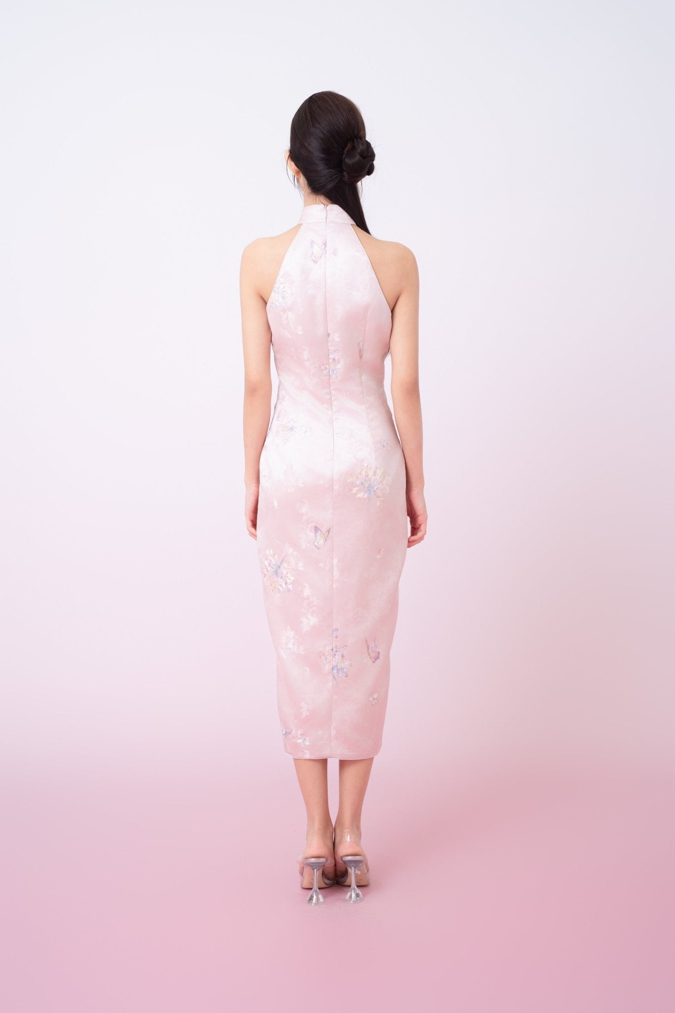 Kaliyah Pink Jacquard With Front Slit Halter Neck Cheongsam Dress - Nimisski