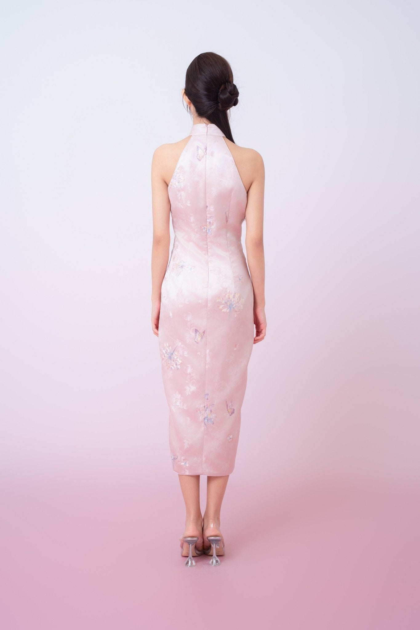 Kaliyah Pink Jacquard With Front Slit Halter Neck Cheongsam Dress - Nimisski