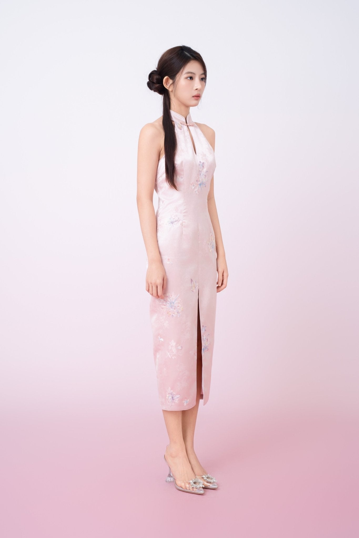 Kaliyah Pink Jacquard With Front Slit Halter Neck Cheongsam Dress - Nimisski